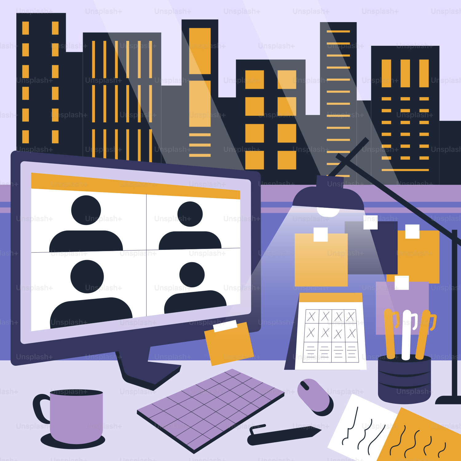 A desk with a computer monitor, keyboard, mouse and other items