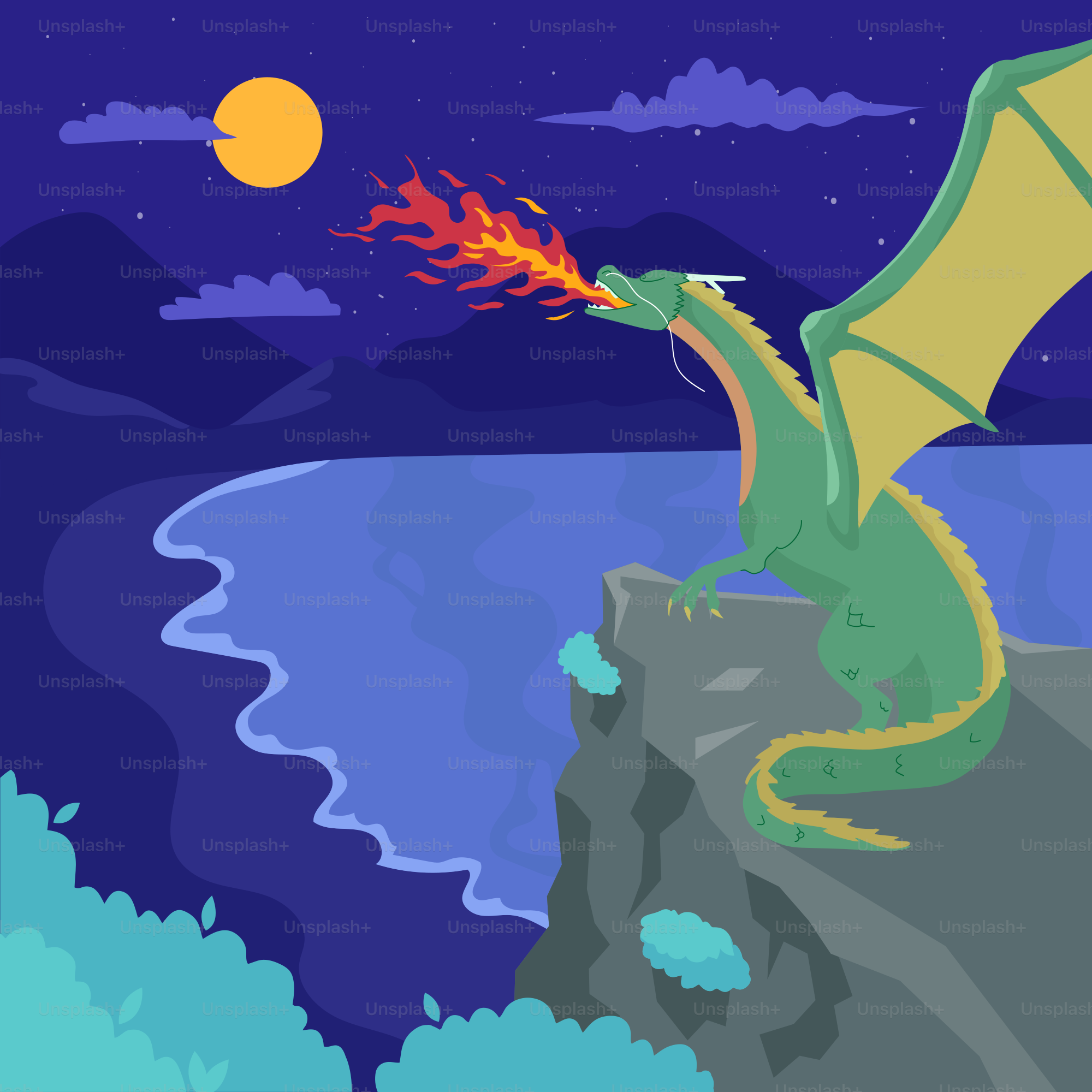 A green dragon flying over a cliff at night