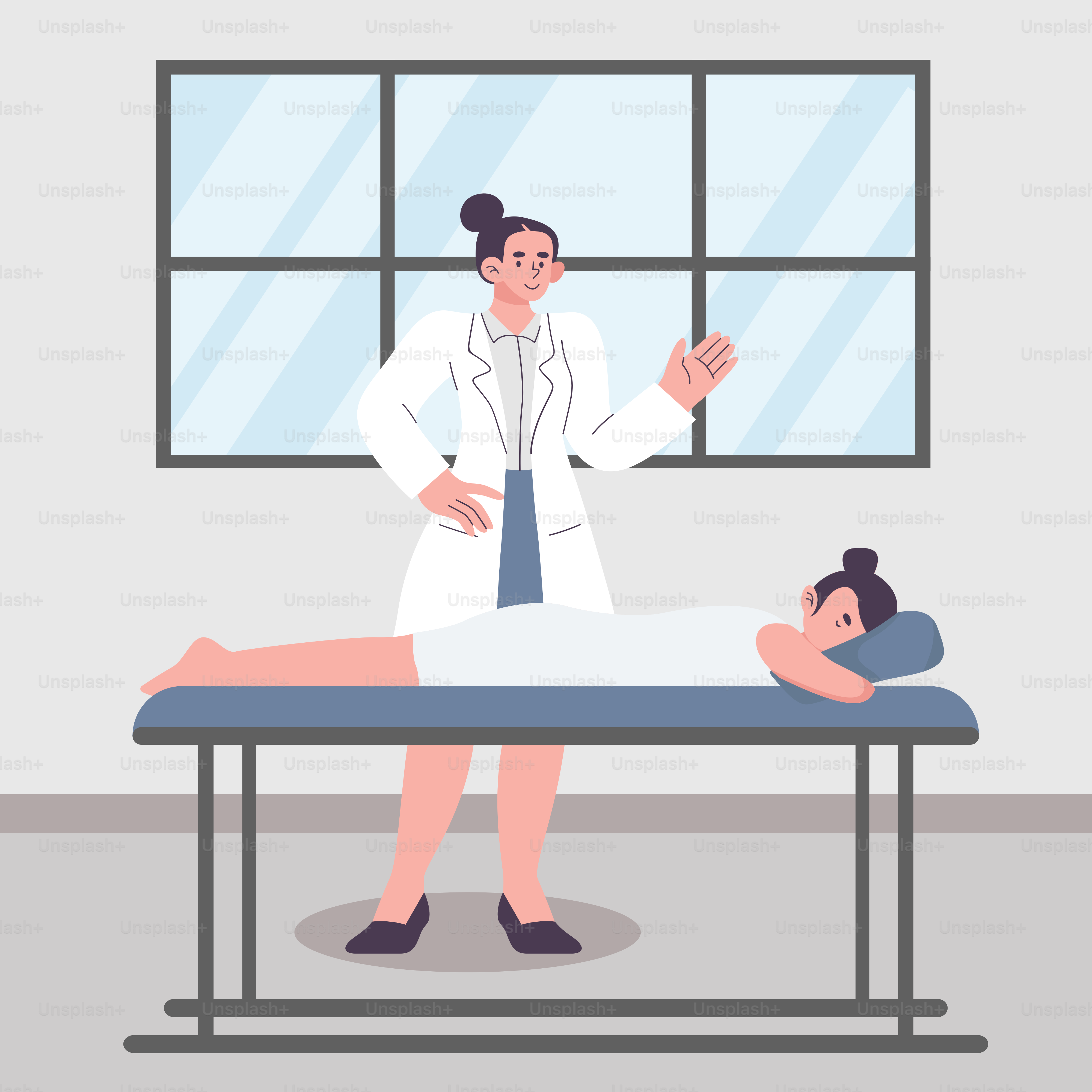 A woman in a white lab coat standing next to a woman laying on a bed