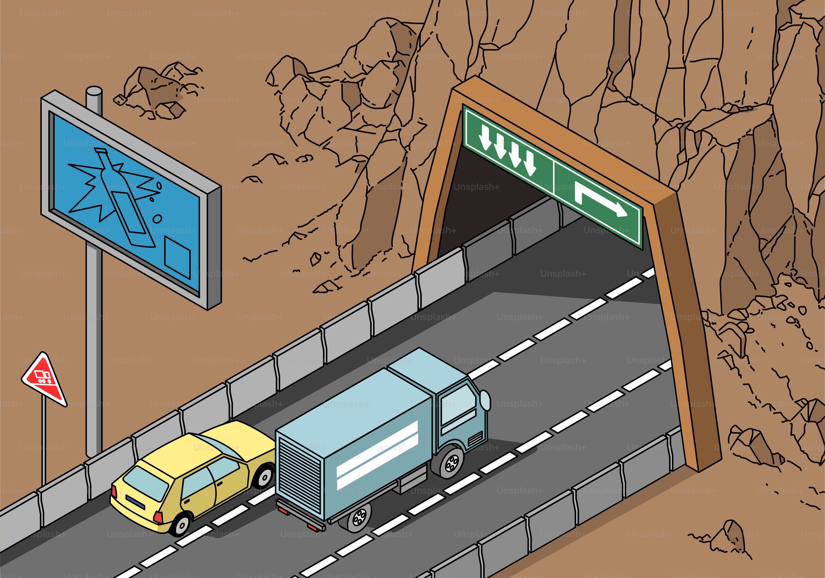 A truck driving down a road next to a tunnel