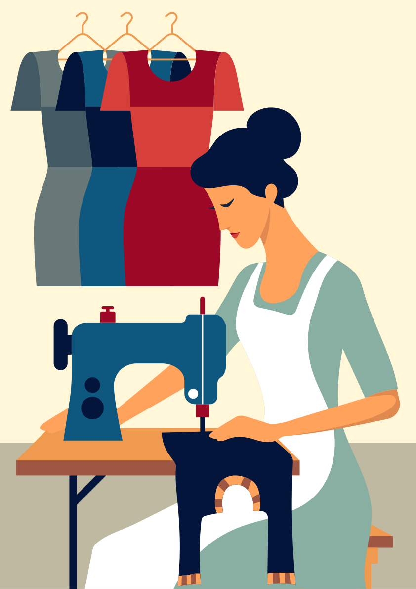 Una mujer está trabajando en una máquina de coser