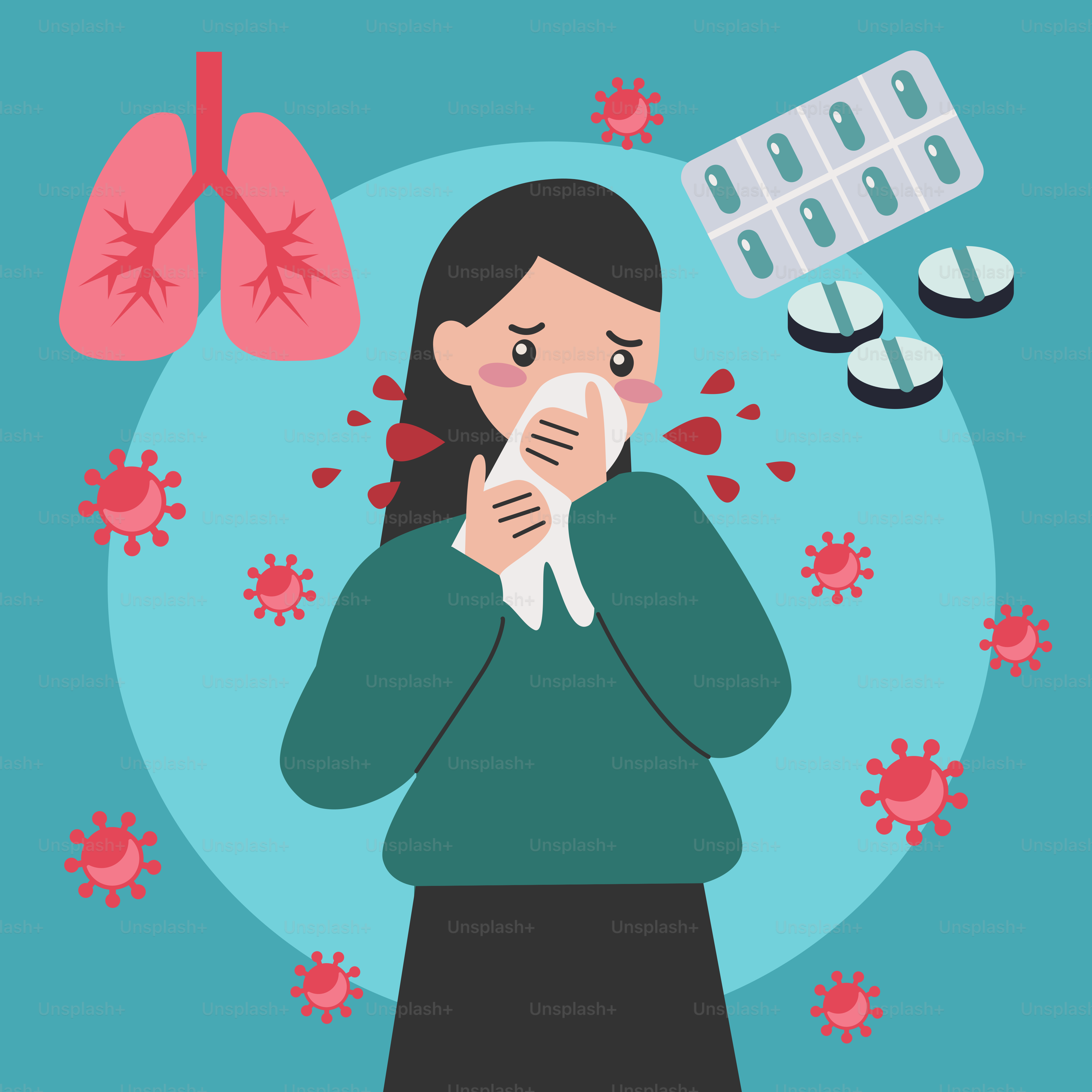 A woman is blowing her nose next to a lung