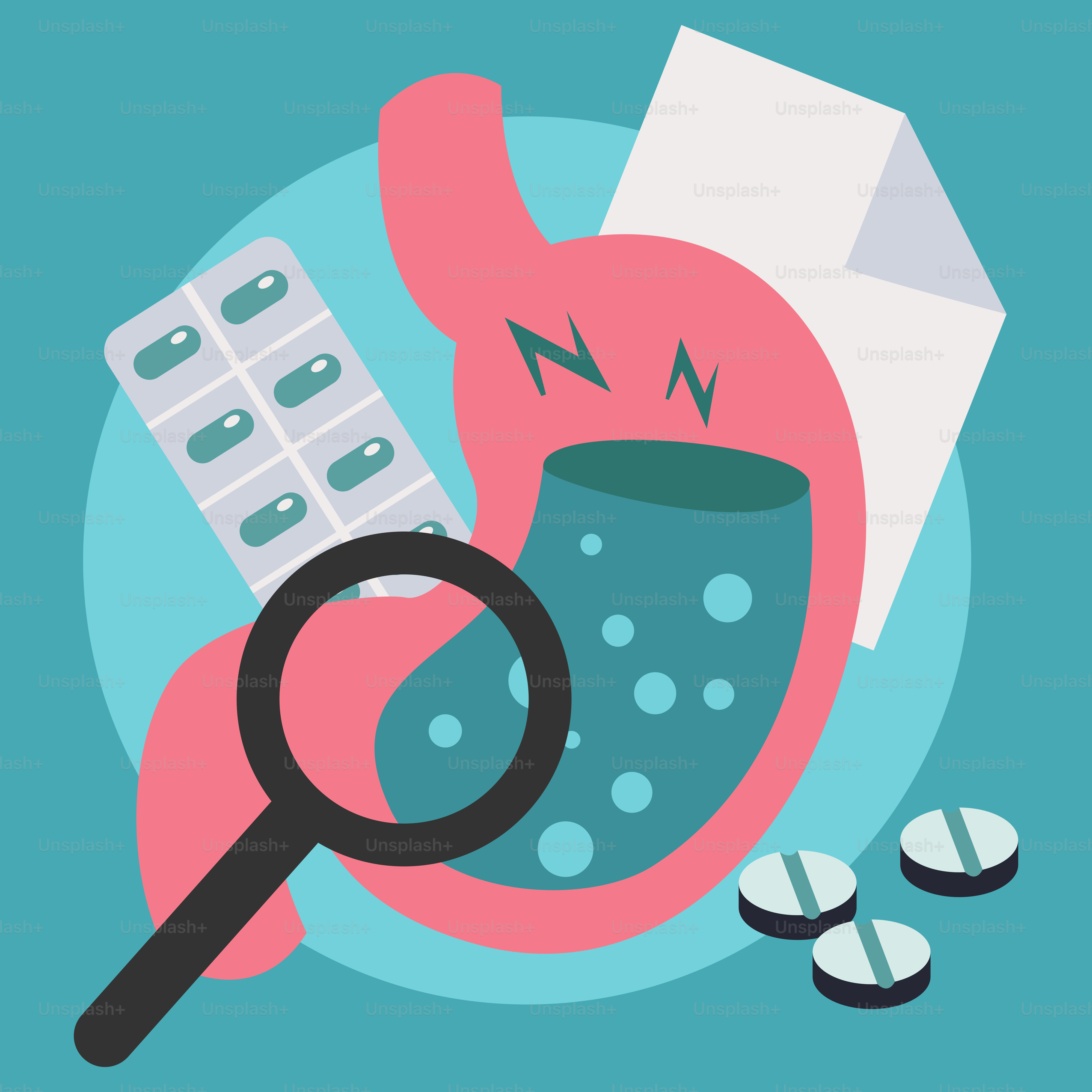 A magnifying glass next to pills and a stomach