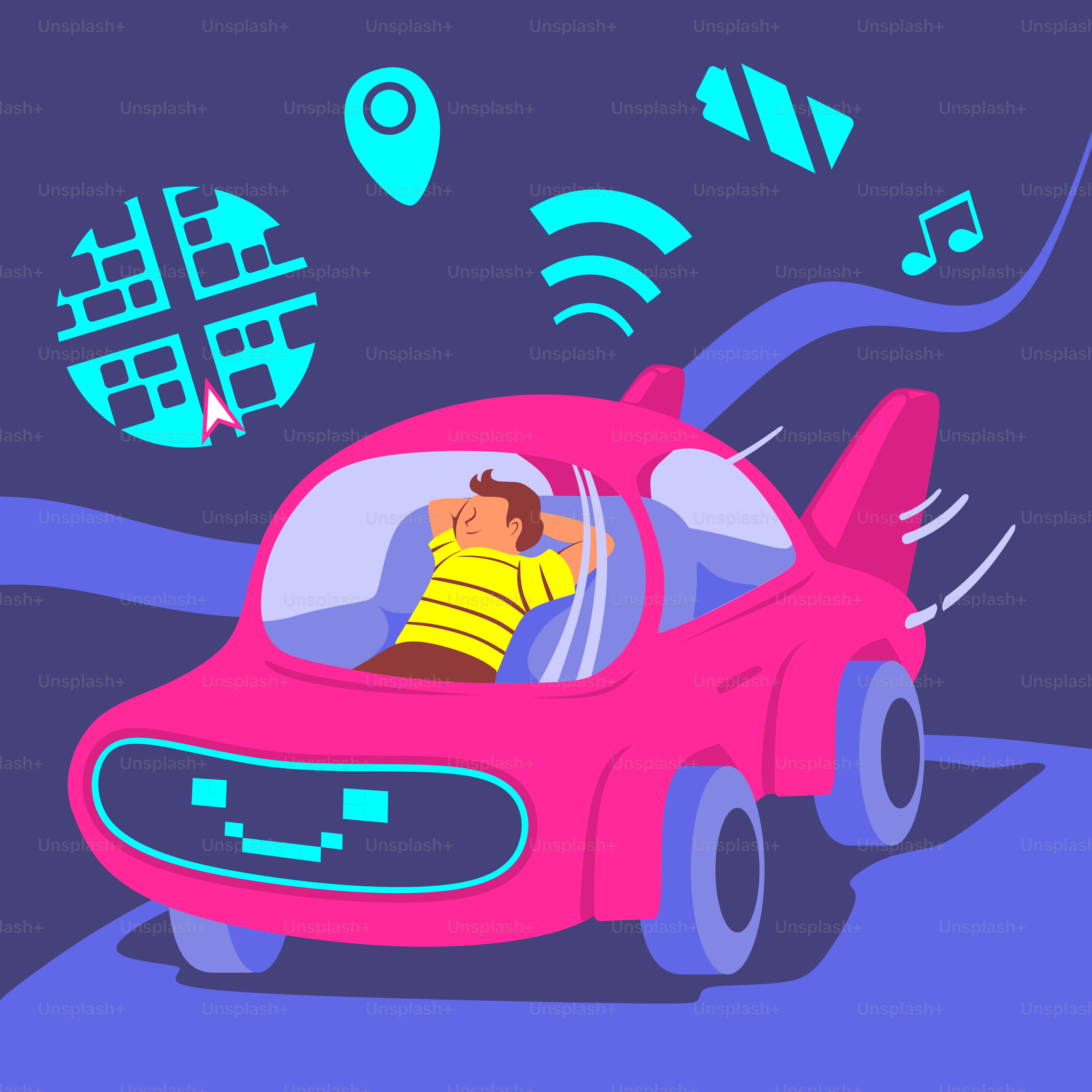 A man is driving a pink car with music notes coming out of it