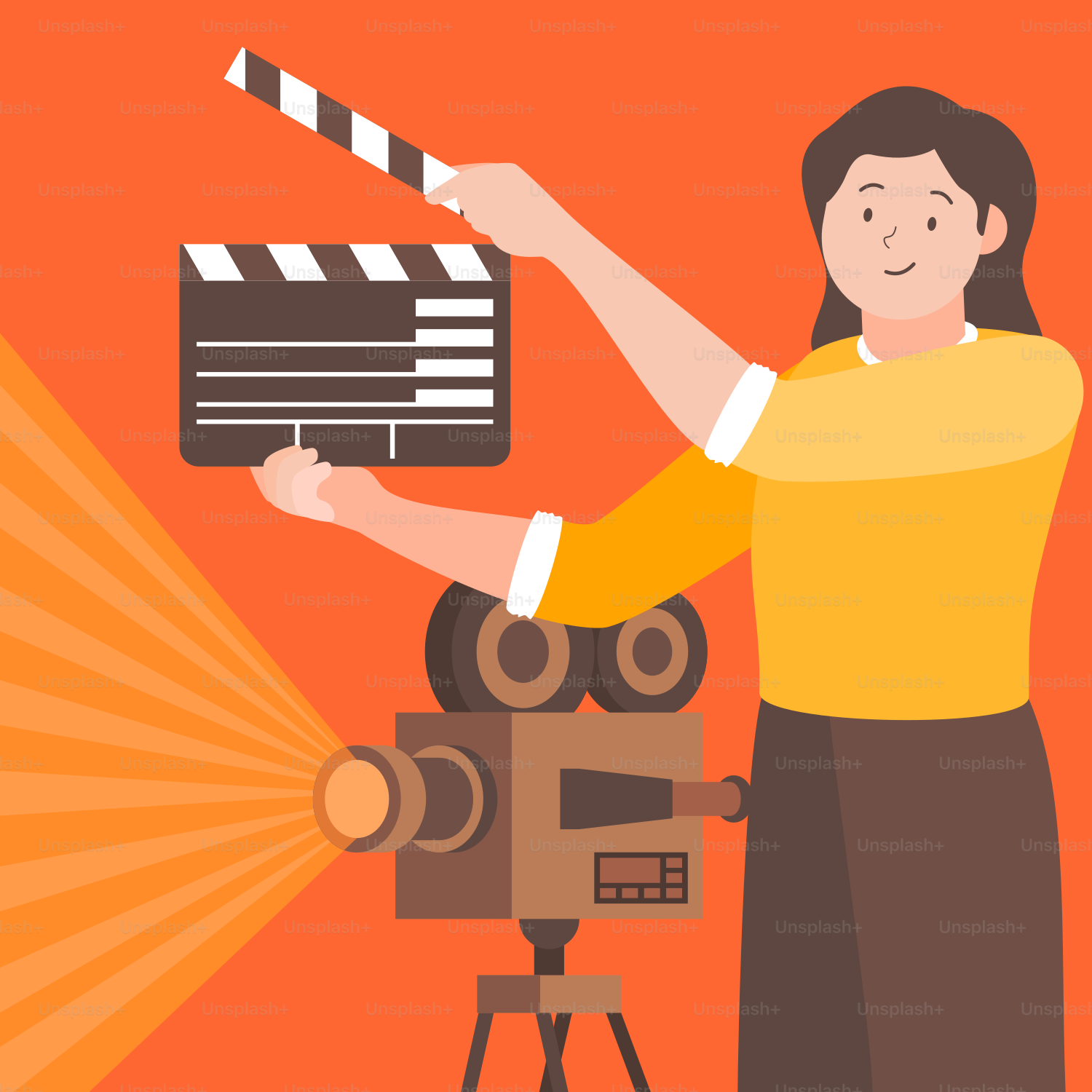 Eine Frau, die einen Clapstick und eine Filmkamera hält