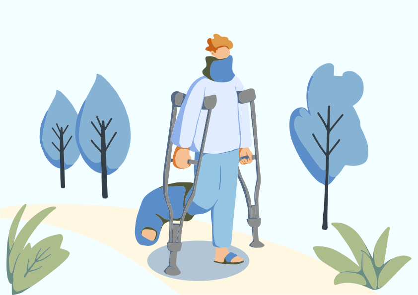 A man with a broken leg walking with a walker