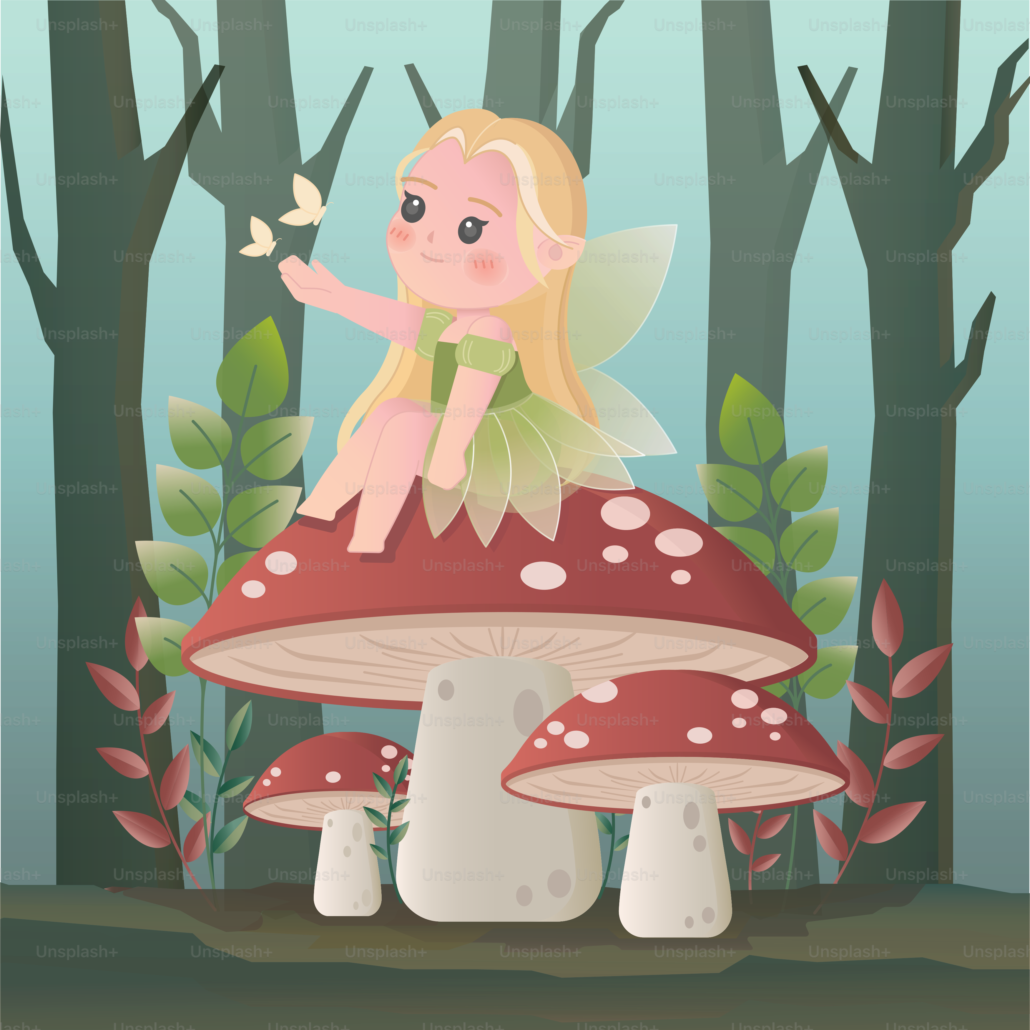 A fairy sitting on a mushroom in a forest