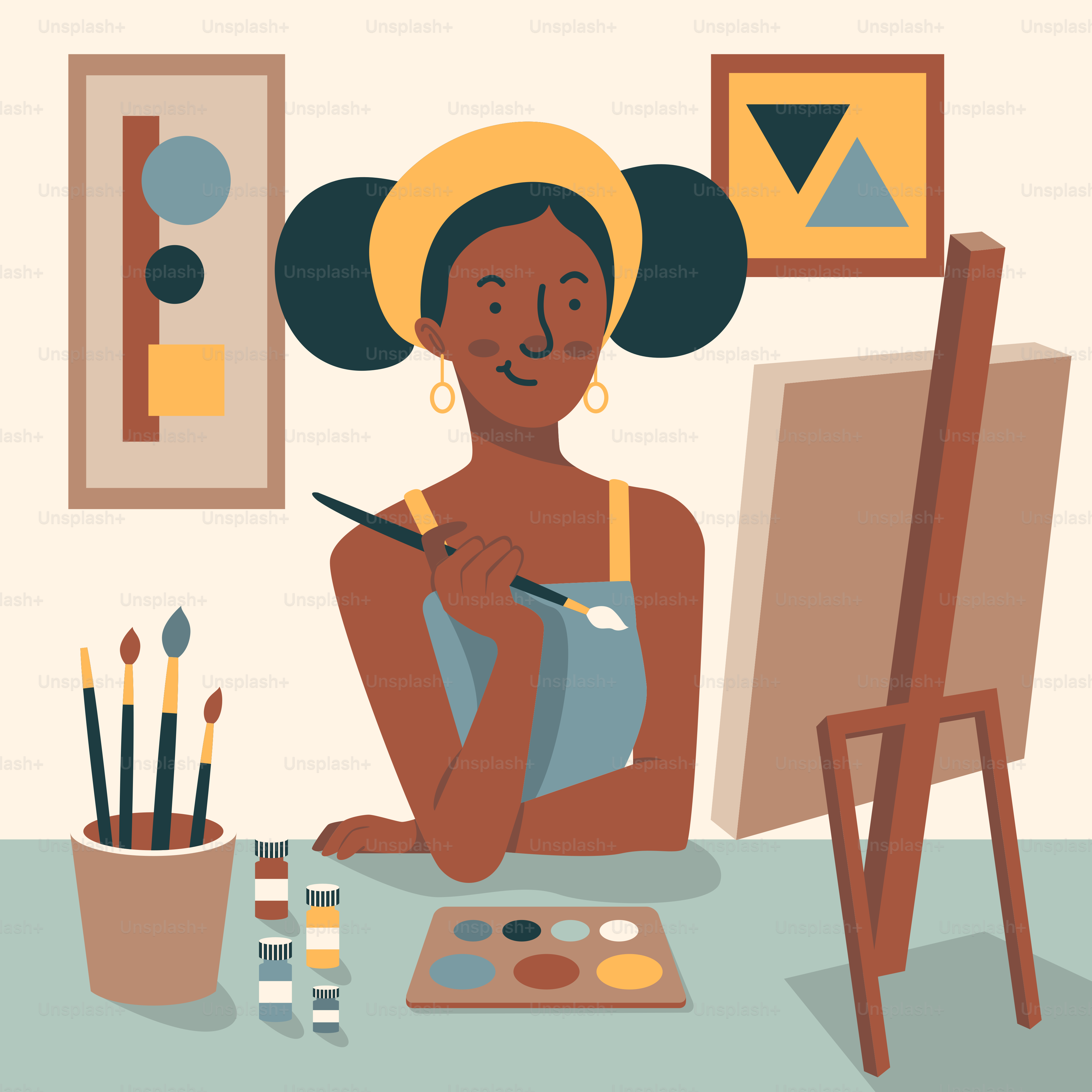 A woman sitting on the floor in front of a painting