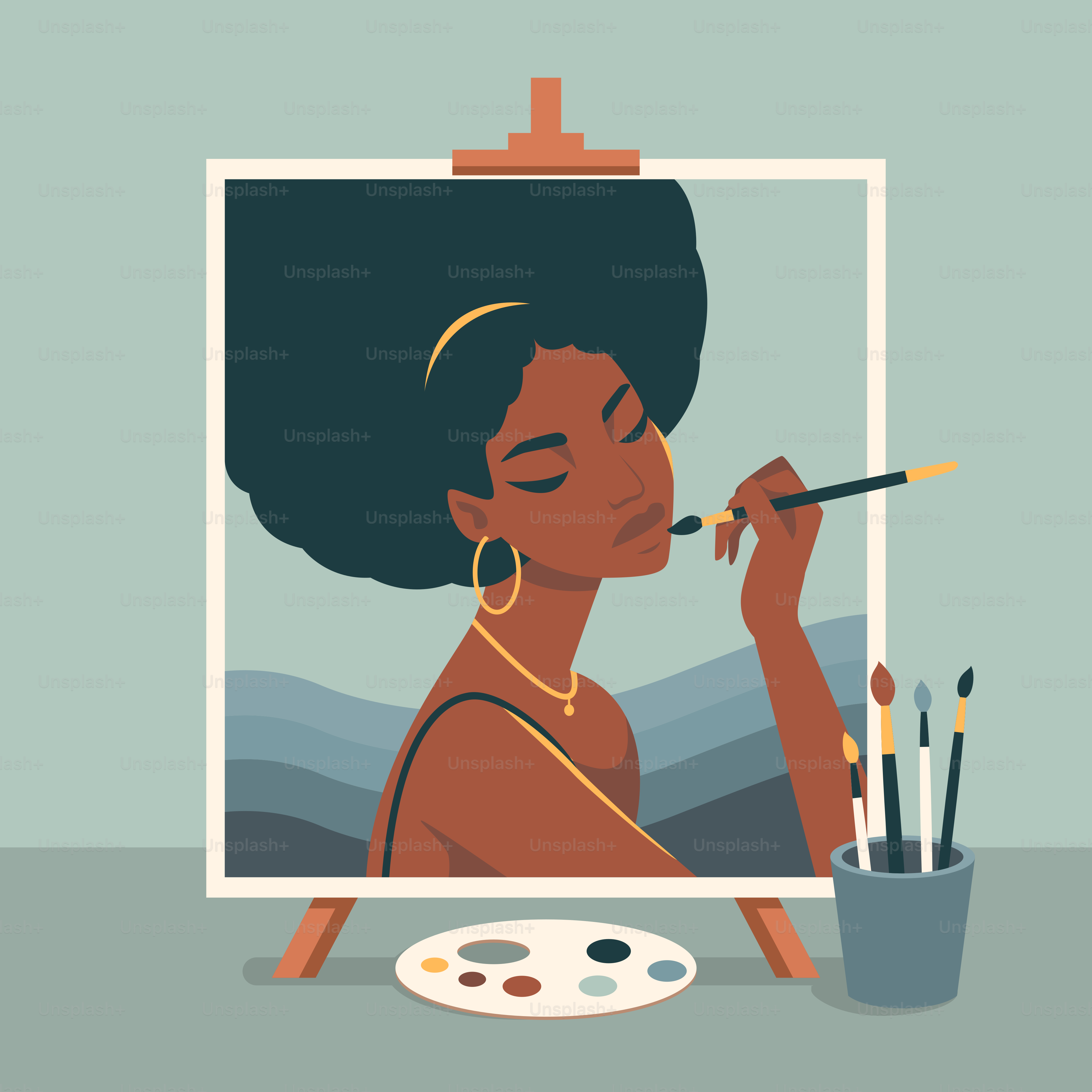 A woman is painting a picture on a easel