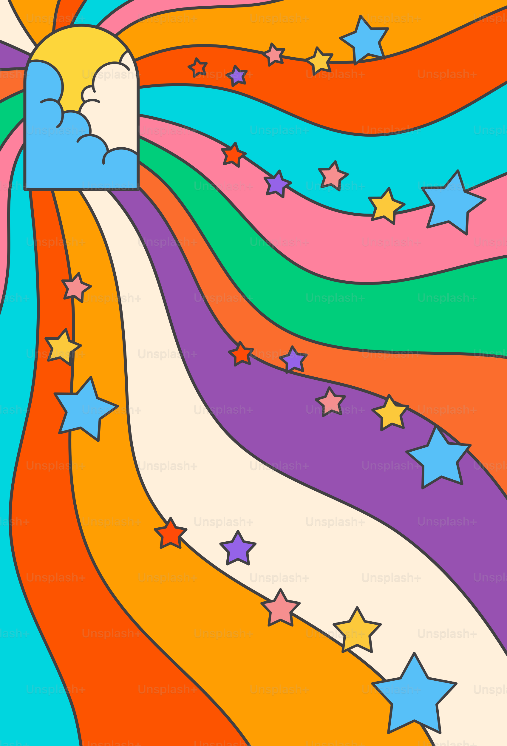 A drawing of a rainbow swirl with stars