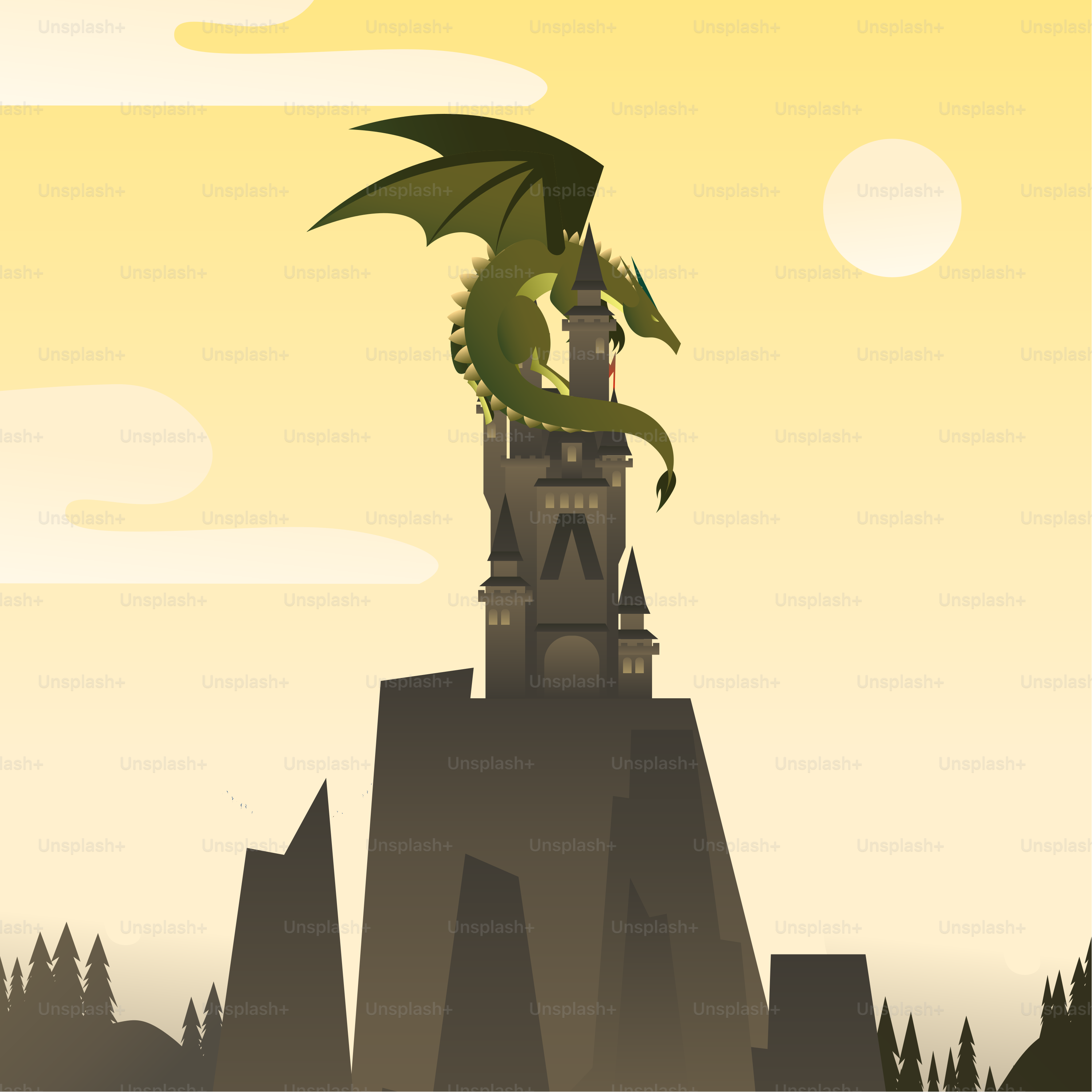A green dragon sitting on top of a tall tower