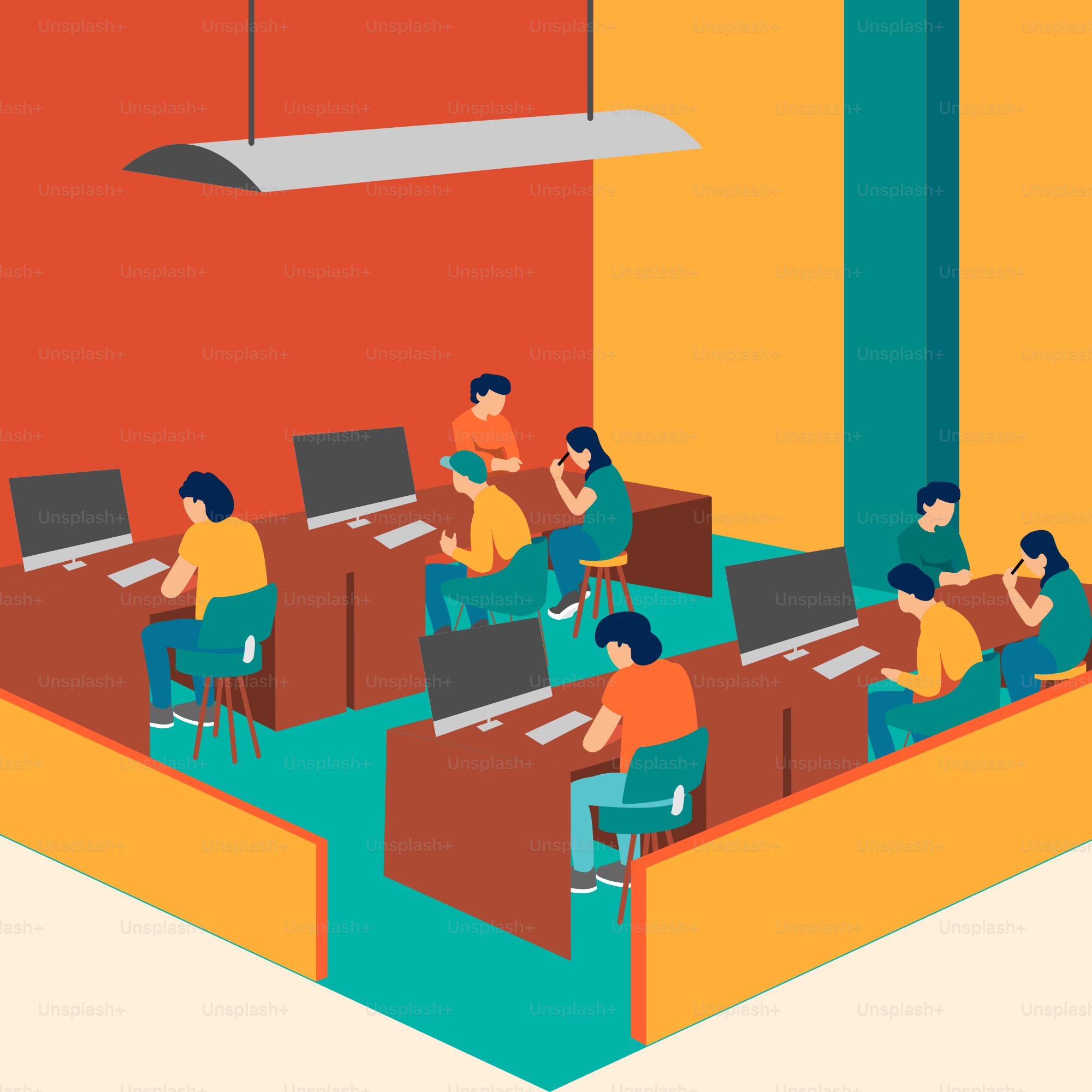 A group of people sitting at desks in a room