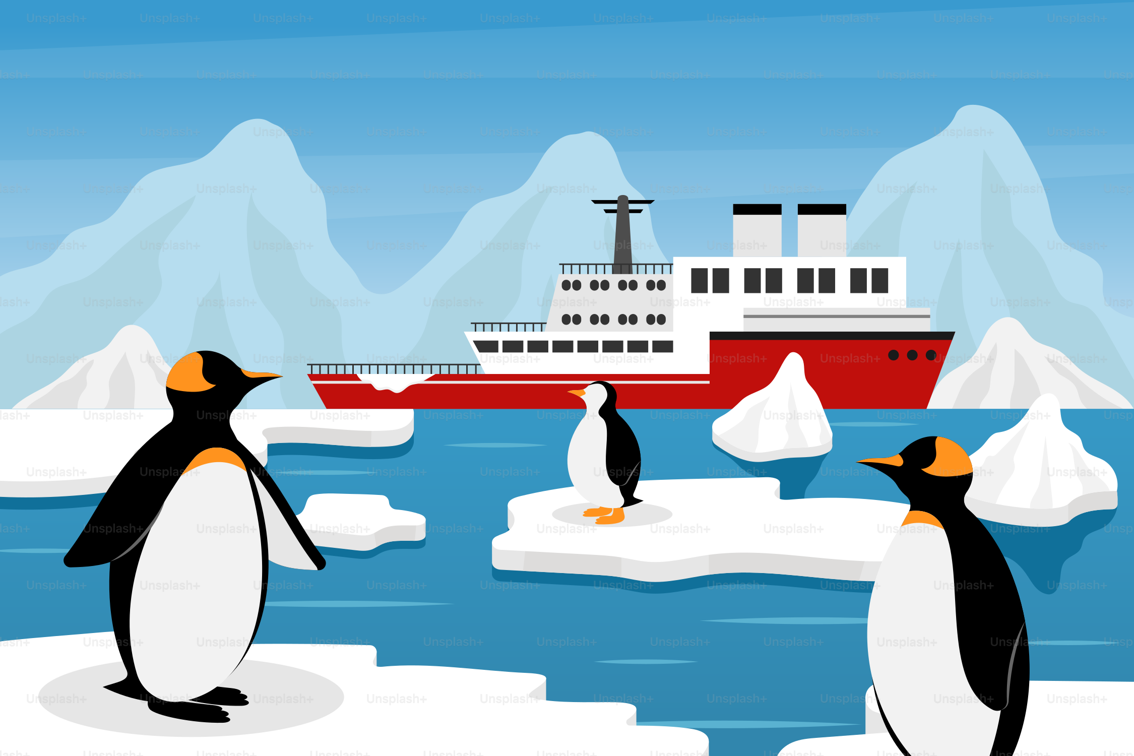 A group of penguins standing on ice with a ship in the background