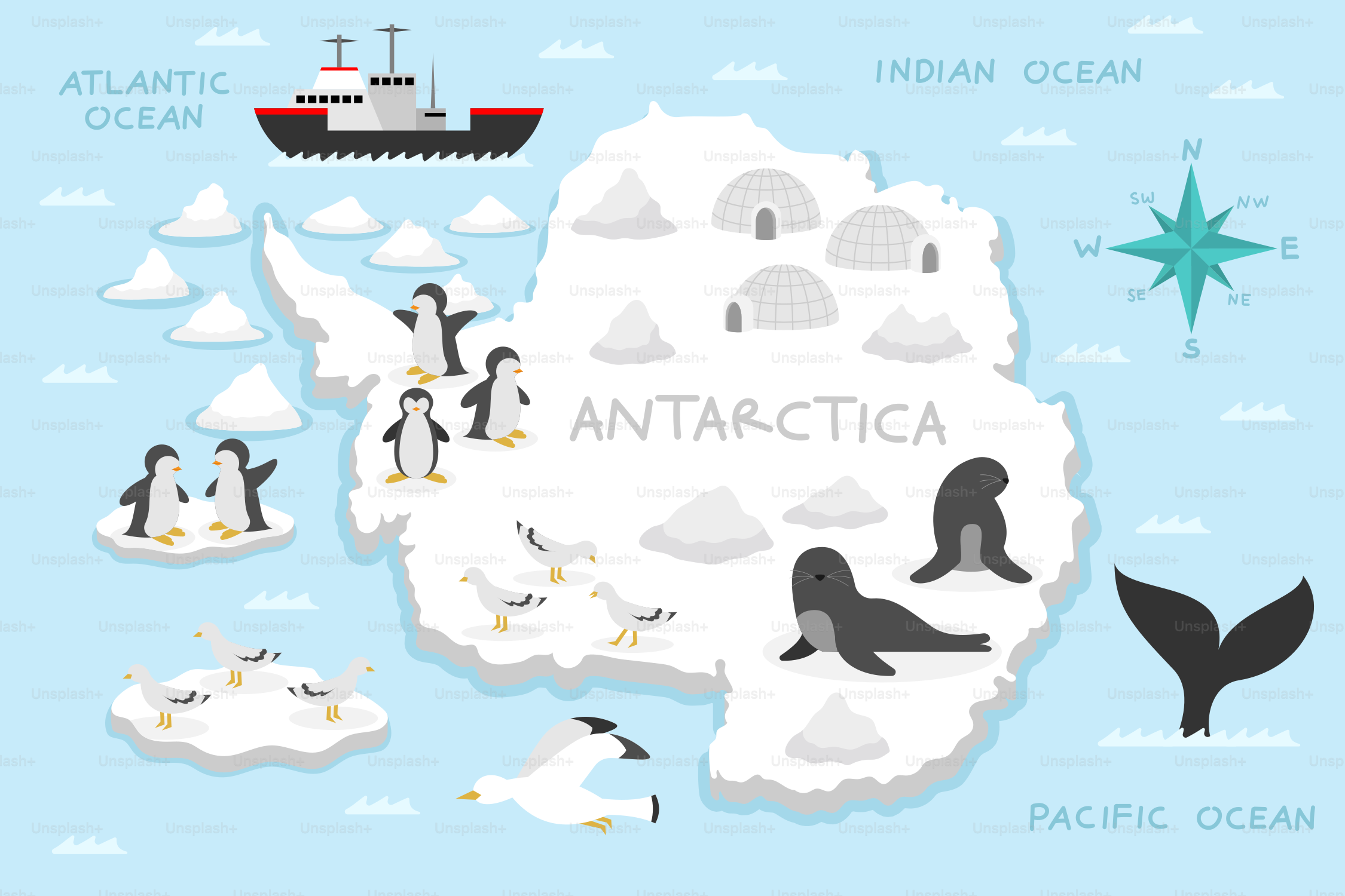 A map of the arctic with penguins and a ship