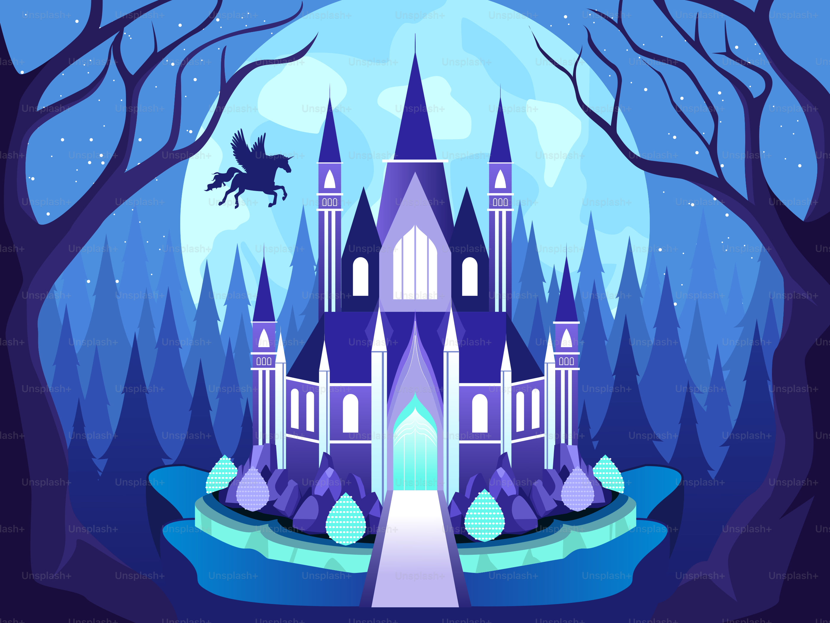A purple castle with a dragon flying over it