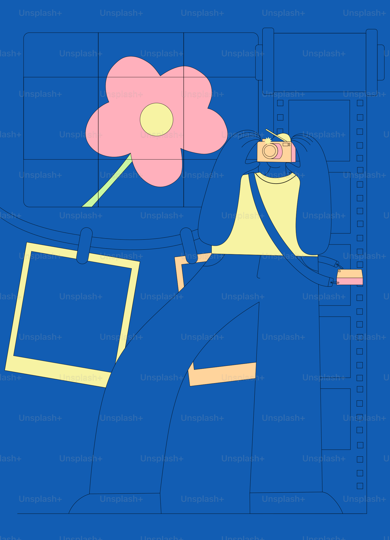 Un fond bleu avec une fleur rose par-dessus