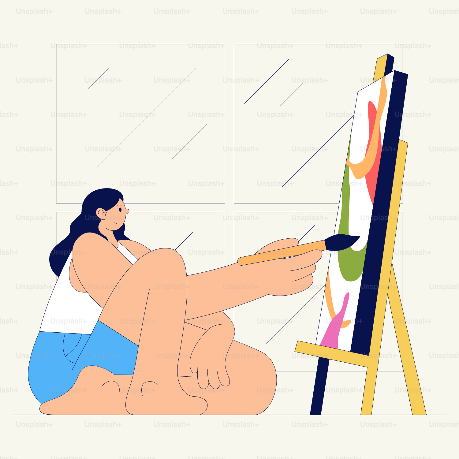 A woman sitting in front of a painting on a easel