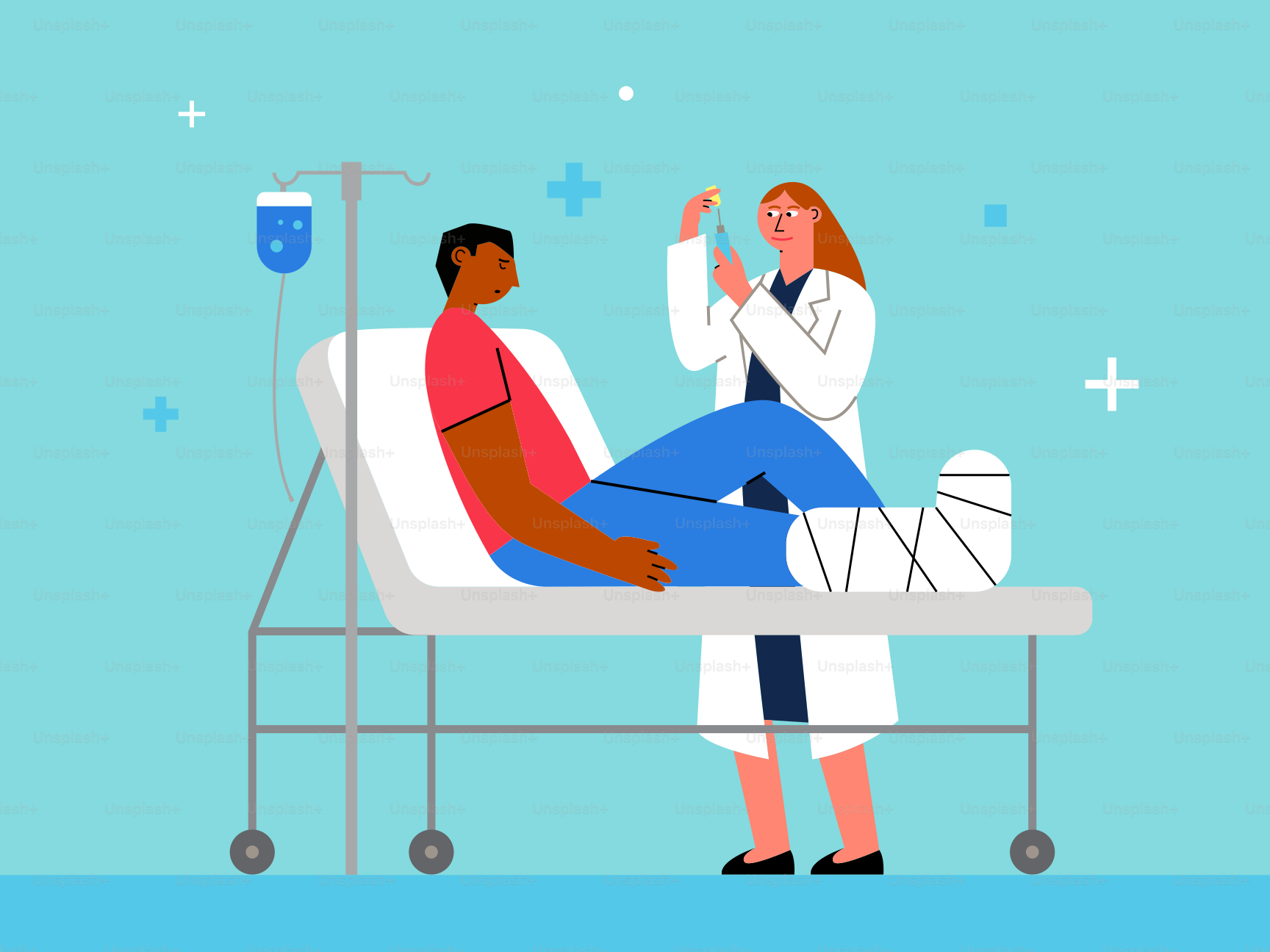 A woman in a hospital bed being examined by a doctor