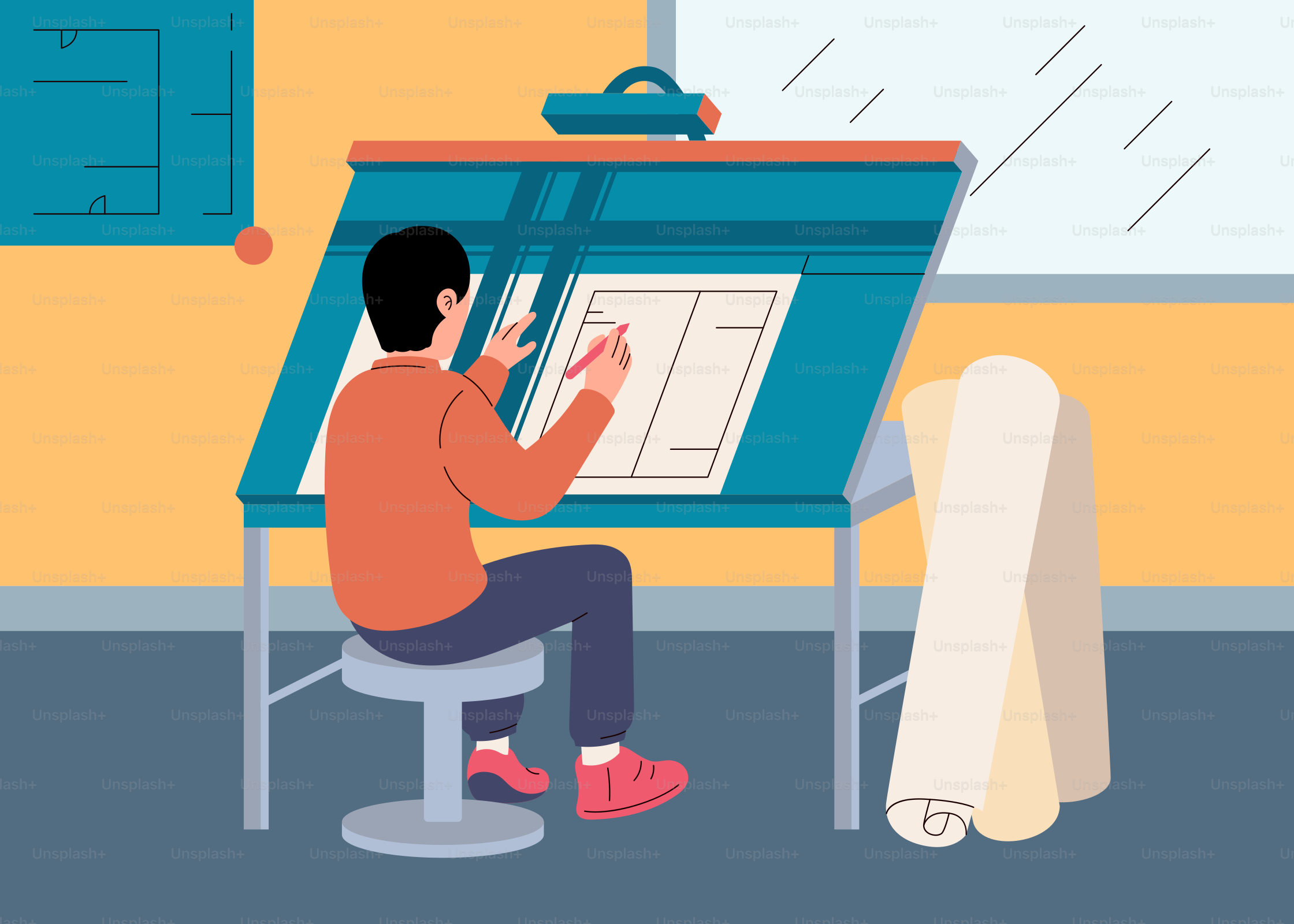 A man sitting at a desk writing on a large sheet of paper