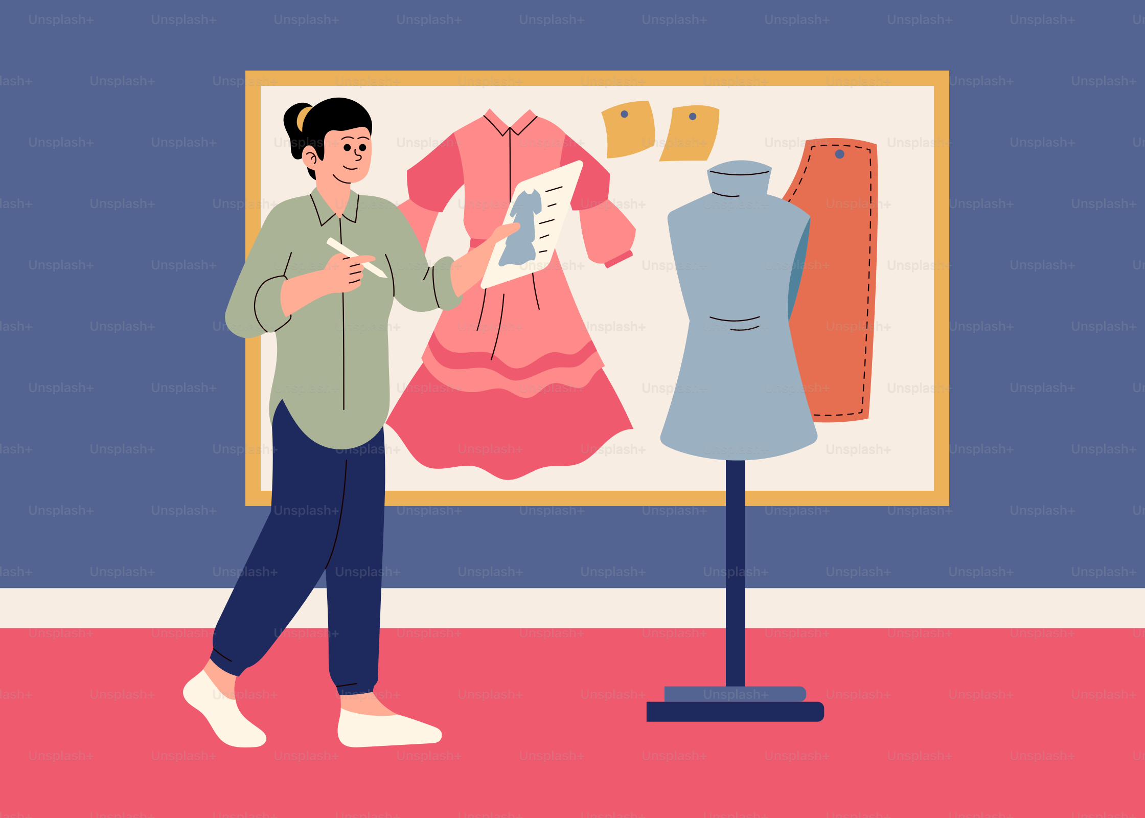 Una mujer de pie frente a un vestido en un maniquí