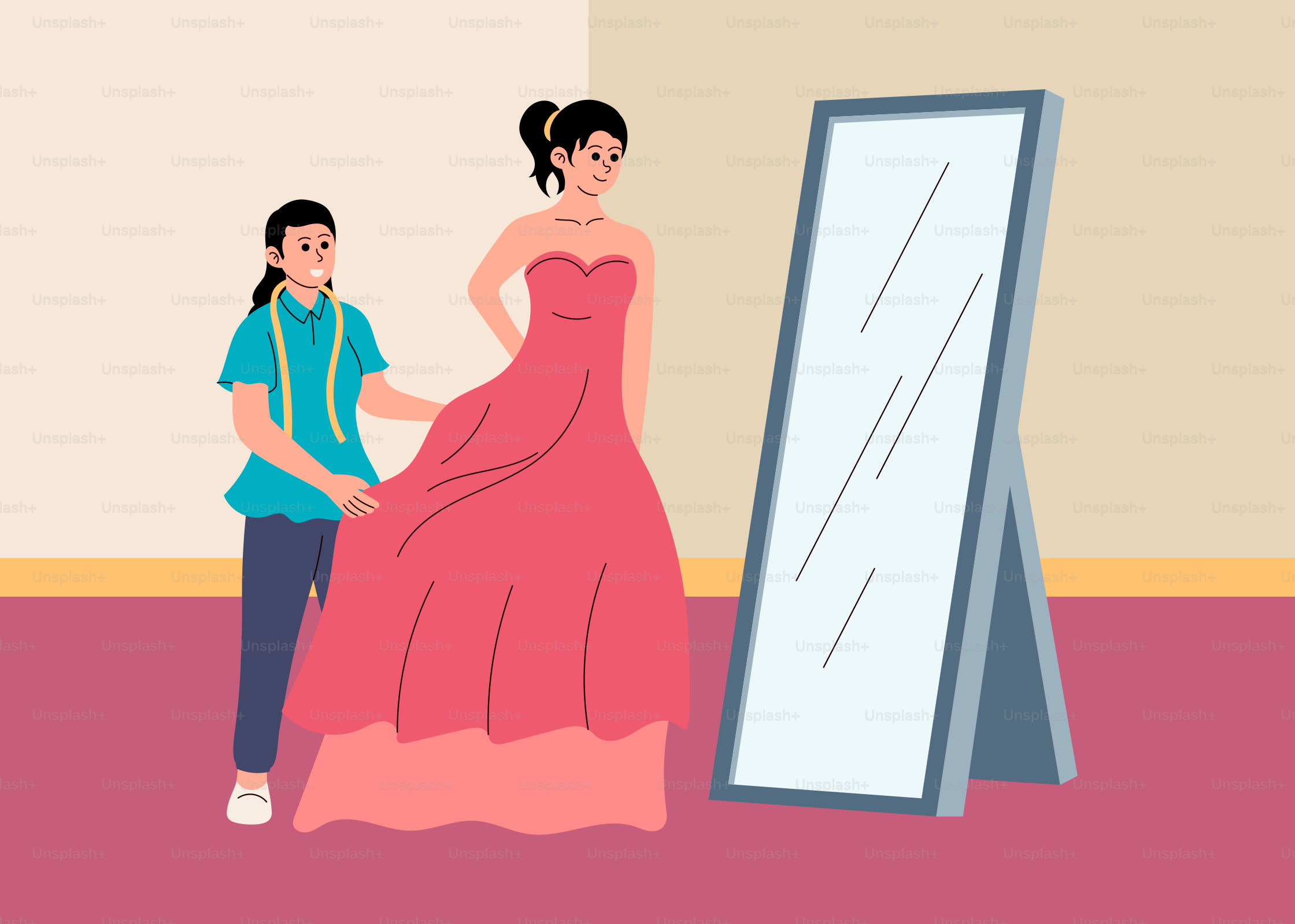 A woman in a pink dress standing next to a mirror