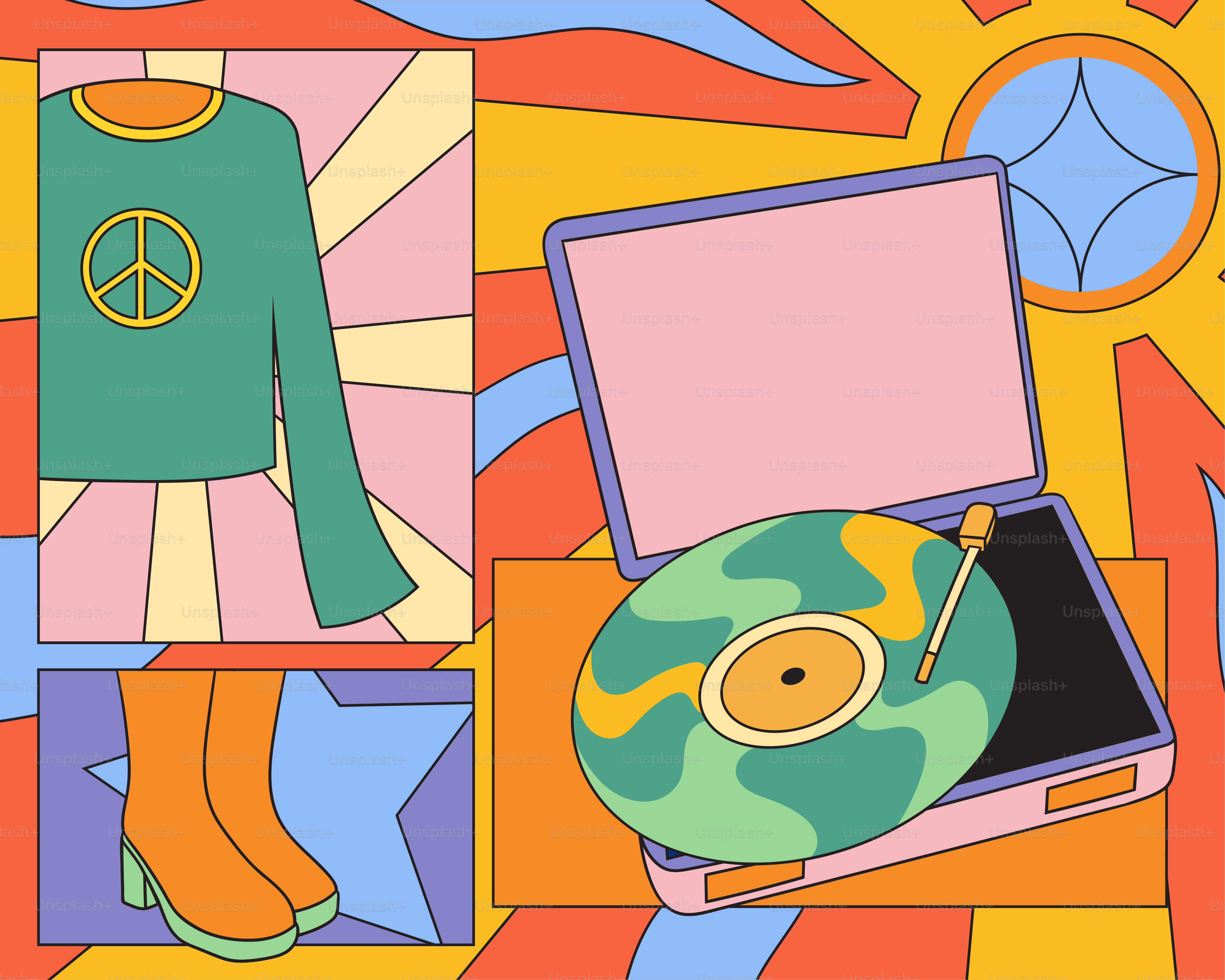 A picture of a peace sign, a shirt, and a cd