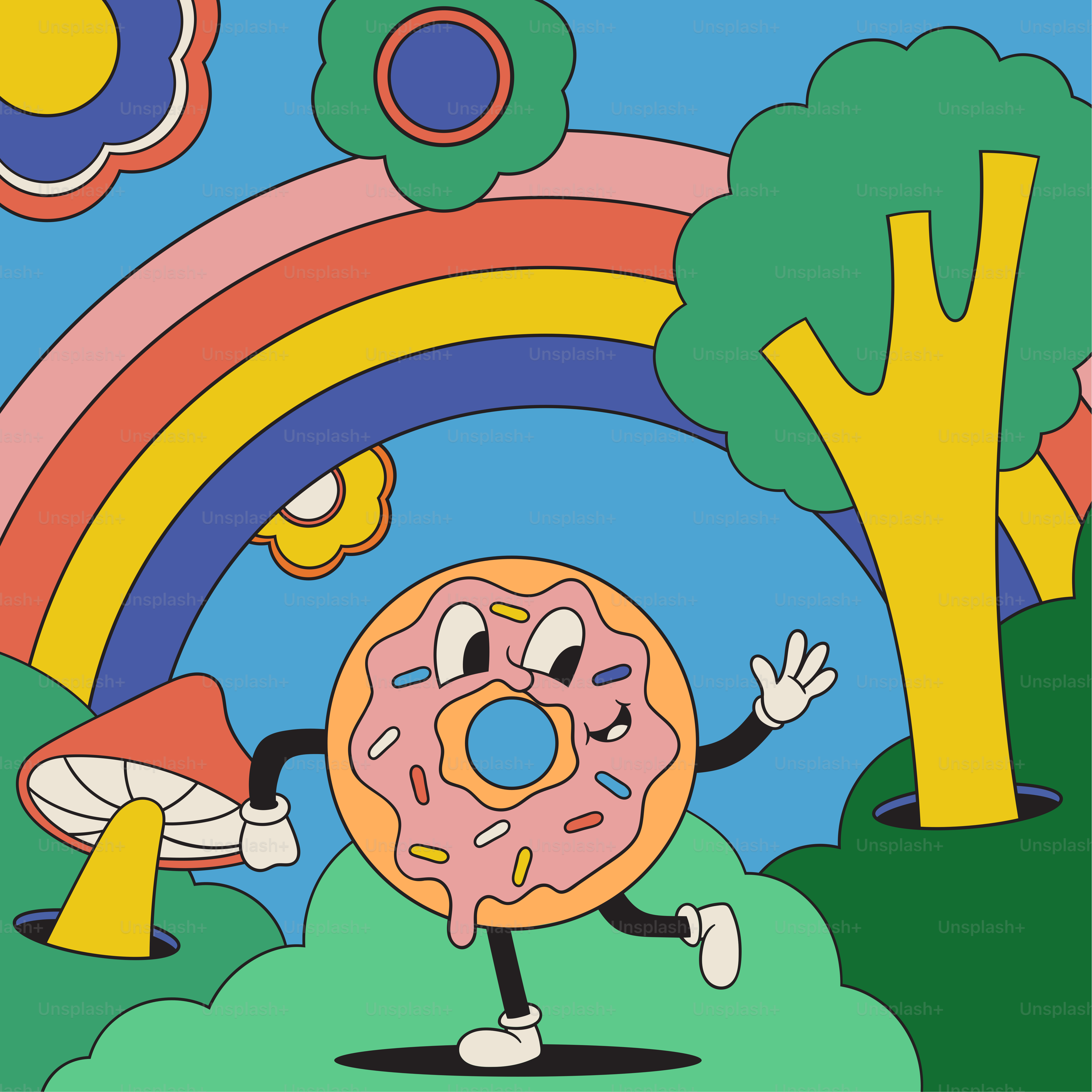 A cartoon picture of a donut with a rainbow in the background
