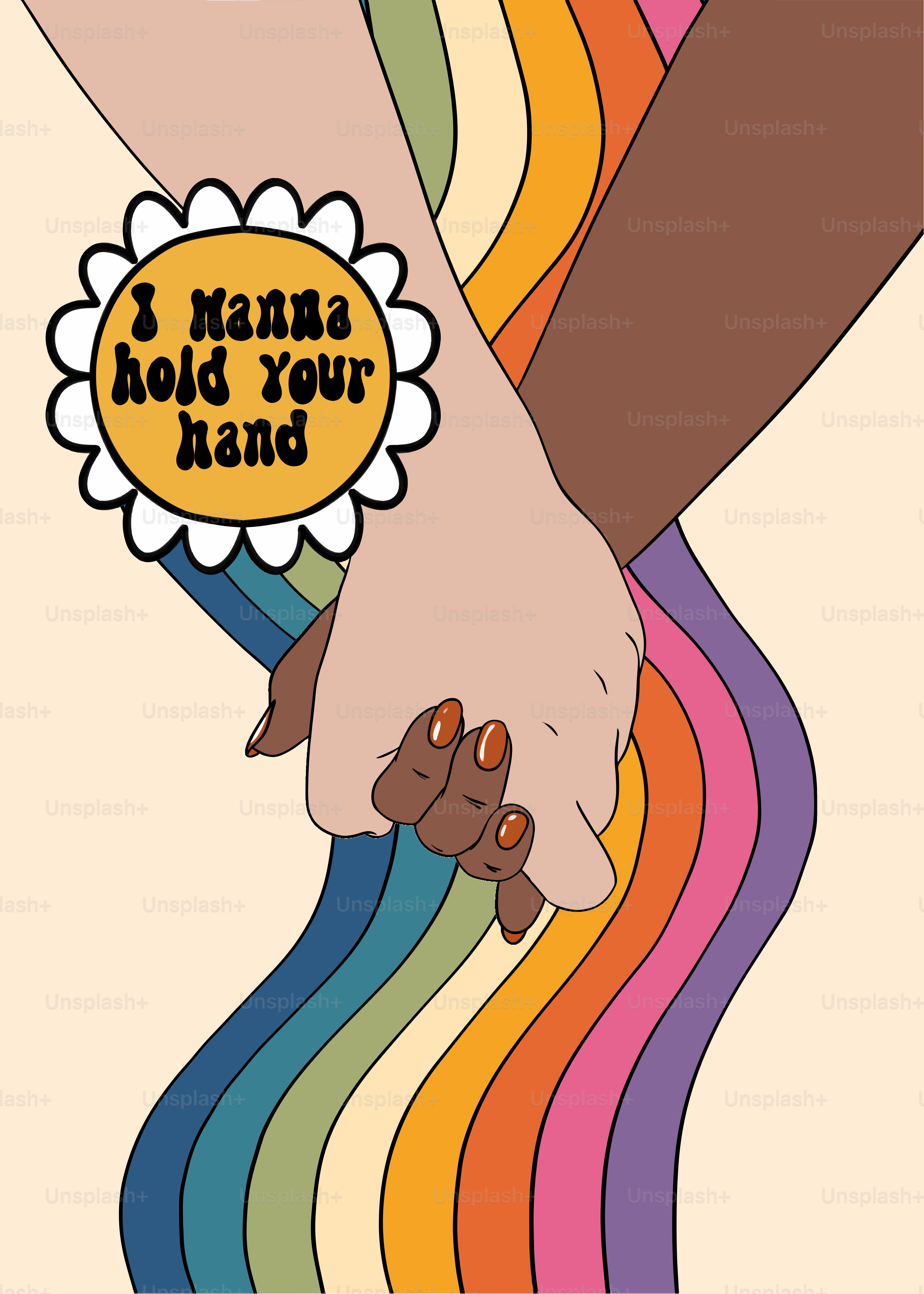 A couple holding hands over a rainbow colored background