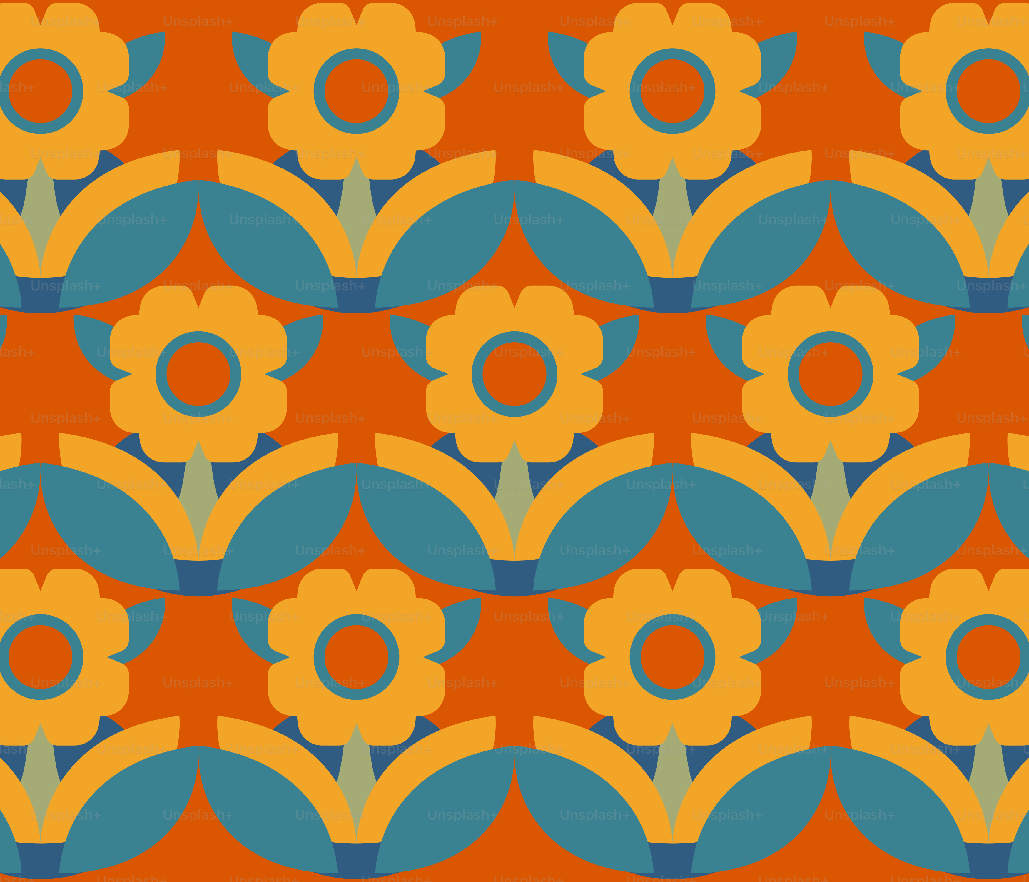 An orange and blue flower pattern on a red background
