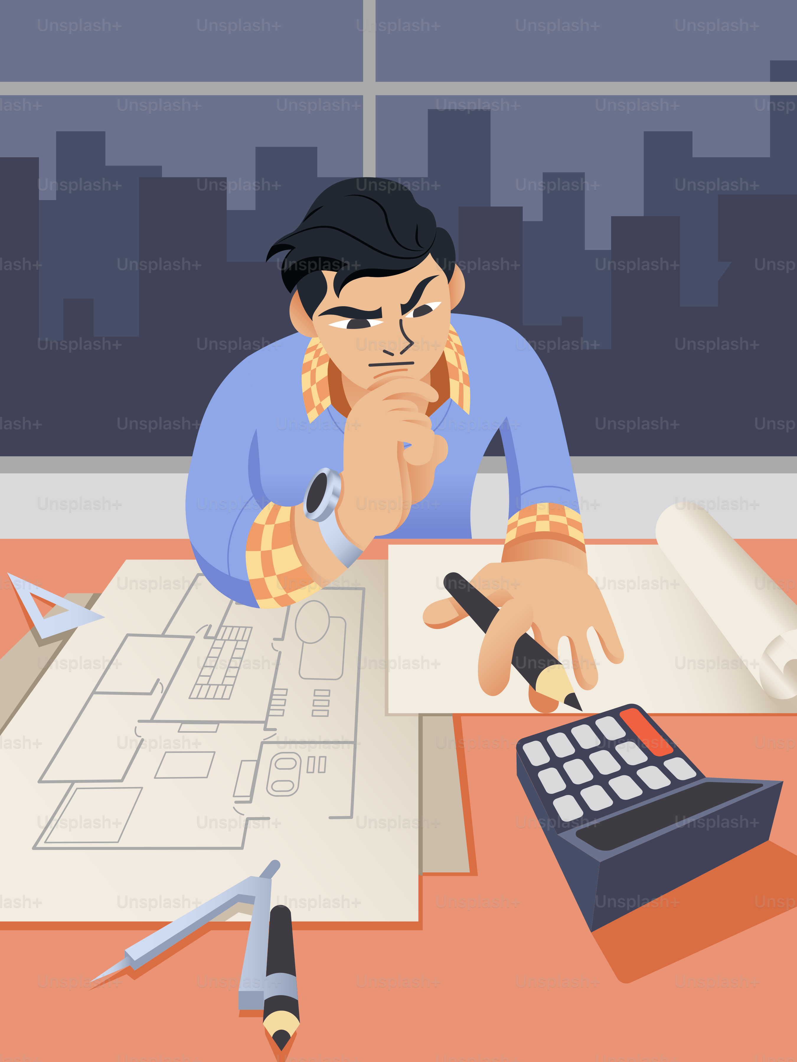 A man sitting at a desk with a calculator and pen