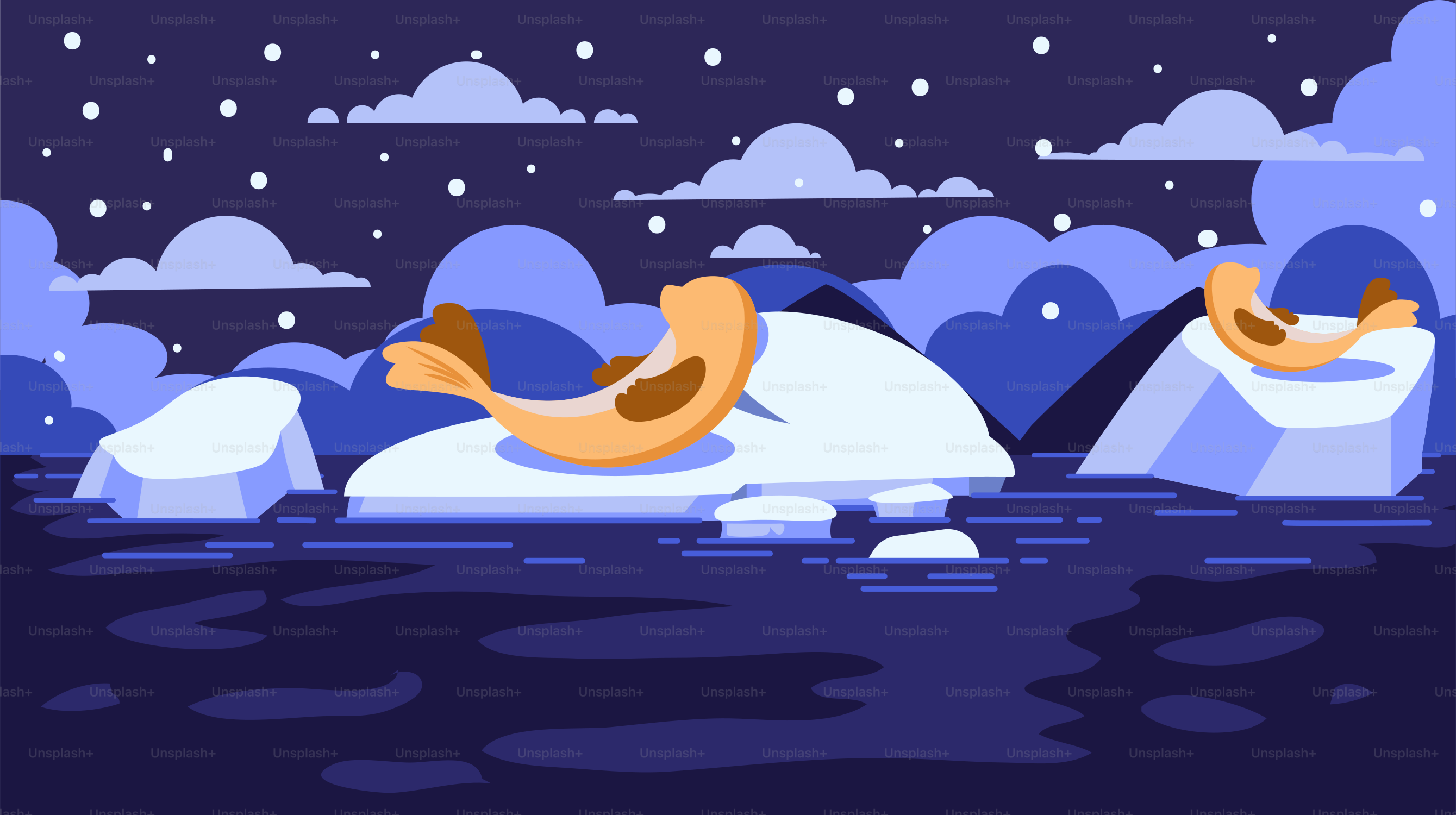 A couple of ducks floating on top of an iceberg