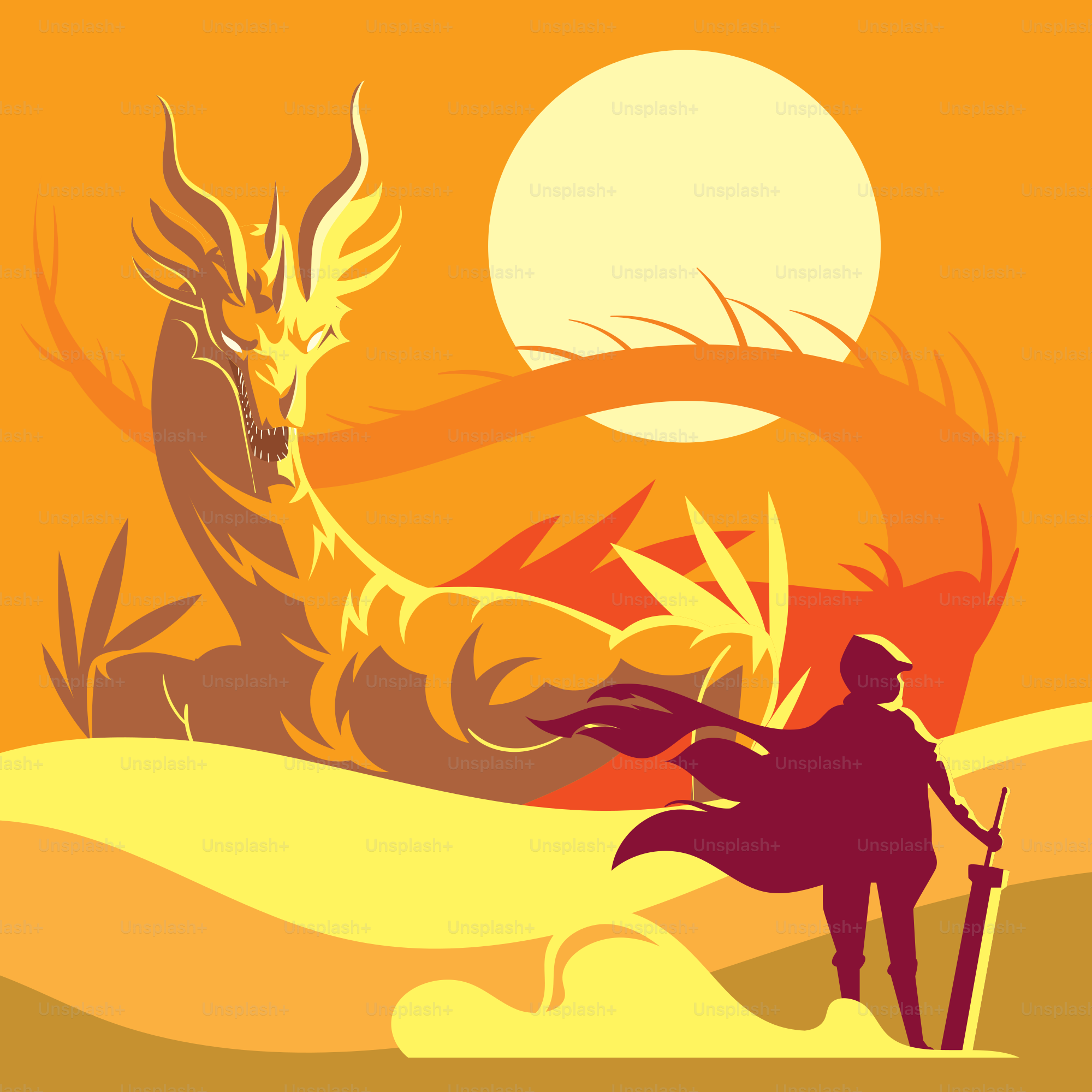 A man standing in front of a dragon in the desert