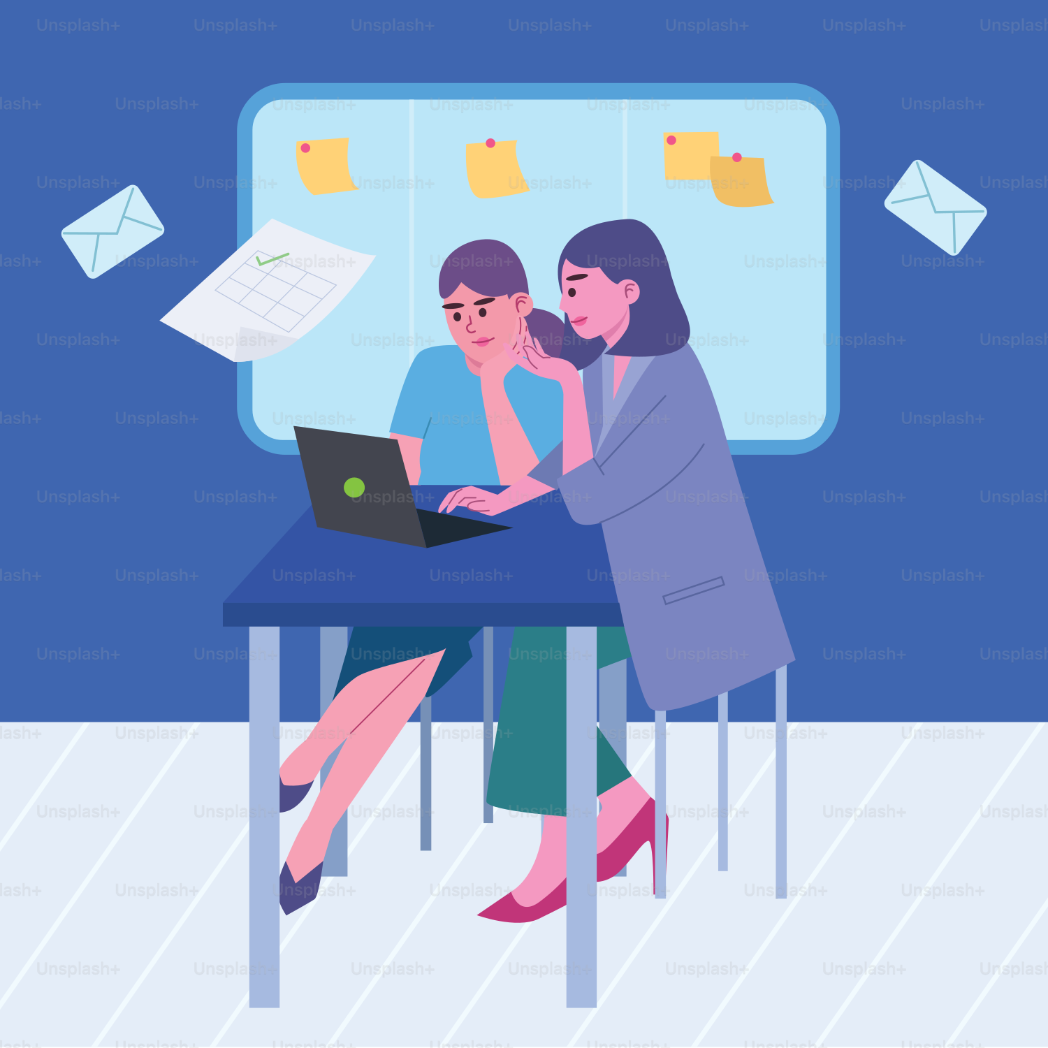 A couple of women sitting at a table with a laptop