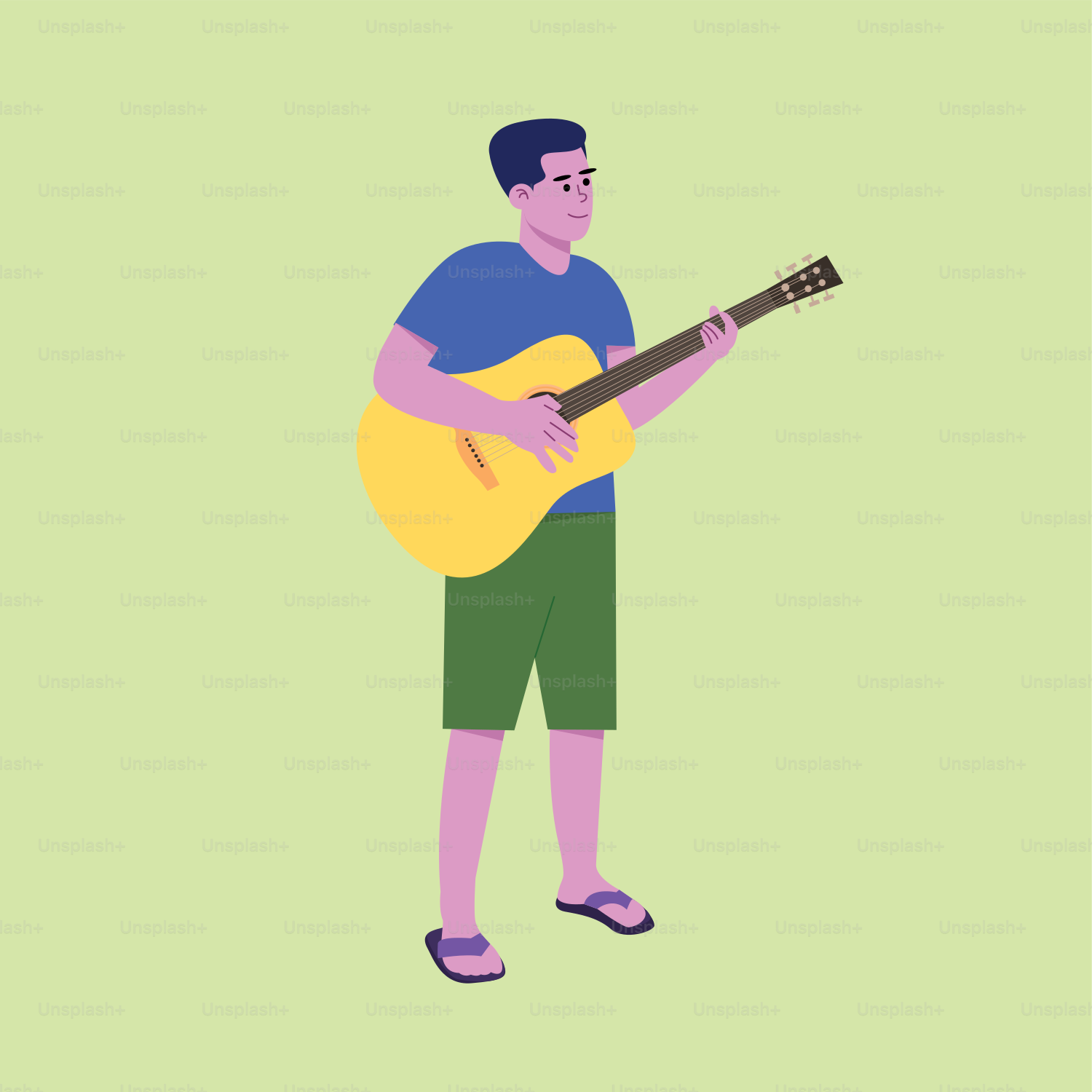 Un homme avec une guitare debout devant un fond vert