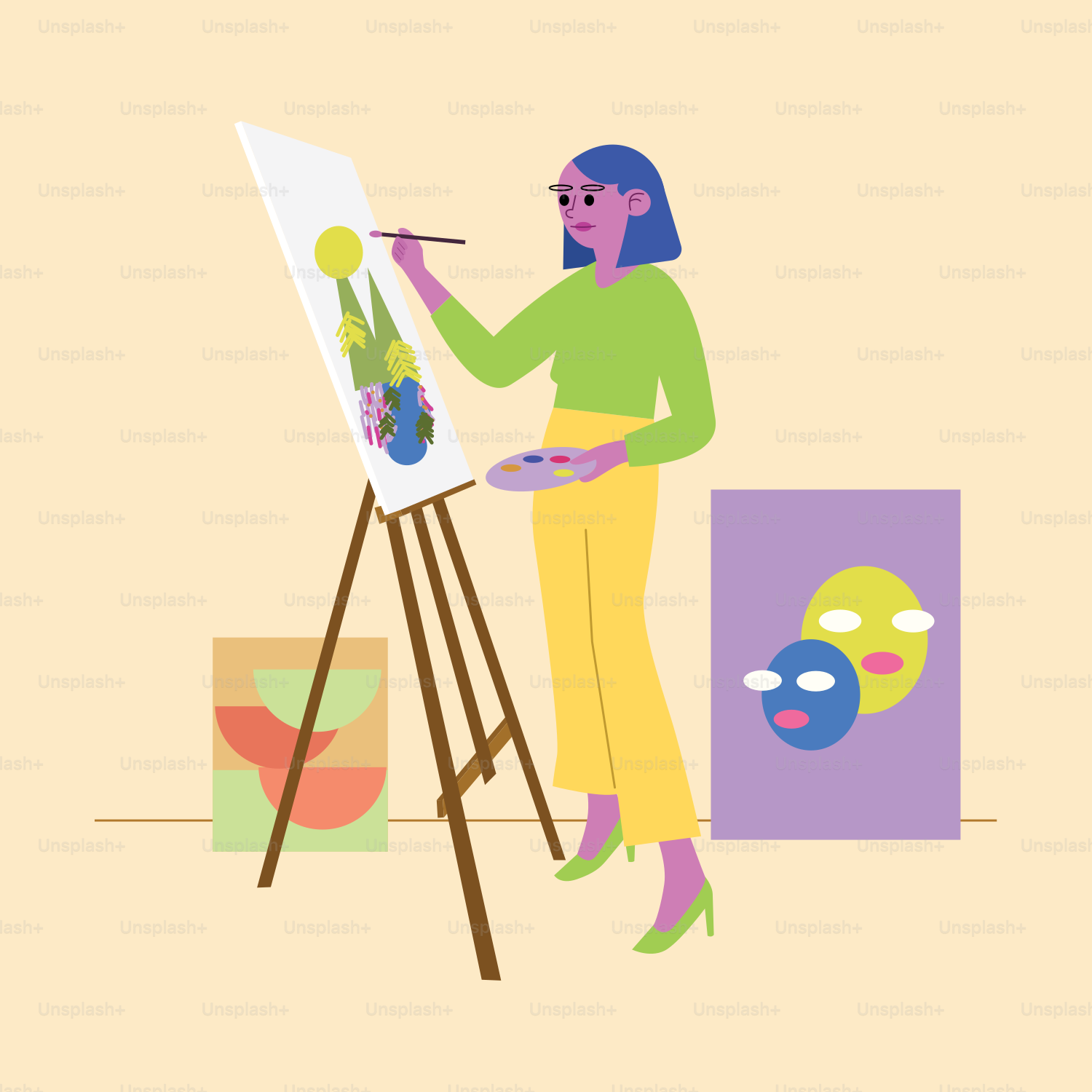 A woman is painting a picture on a canvas