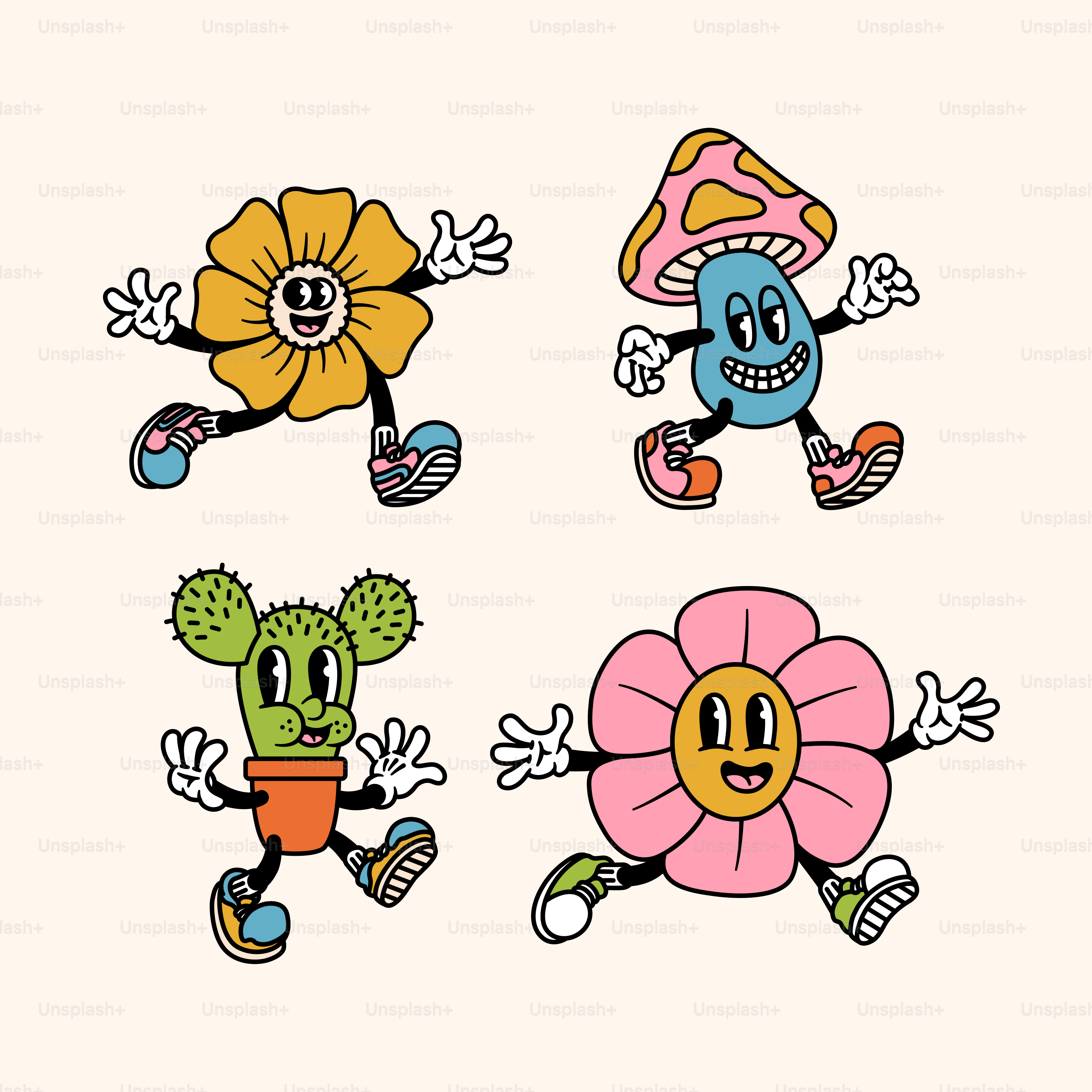 Un groupe de personnages de dessins animés avec des fleurs