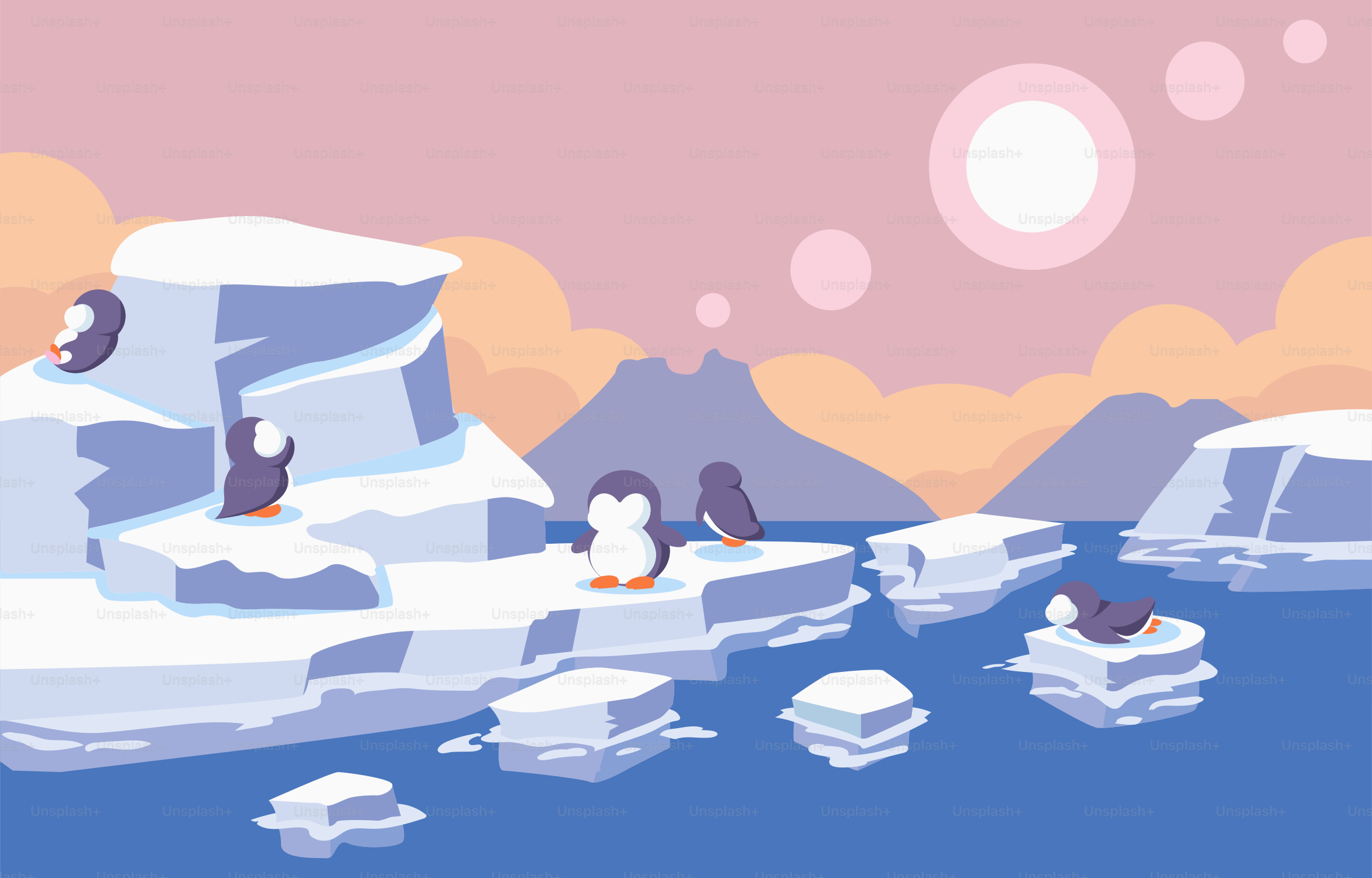 A group of penguins floating on top of icebergs