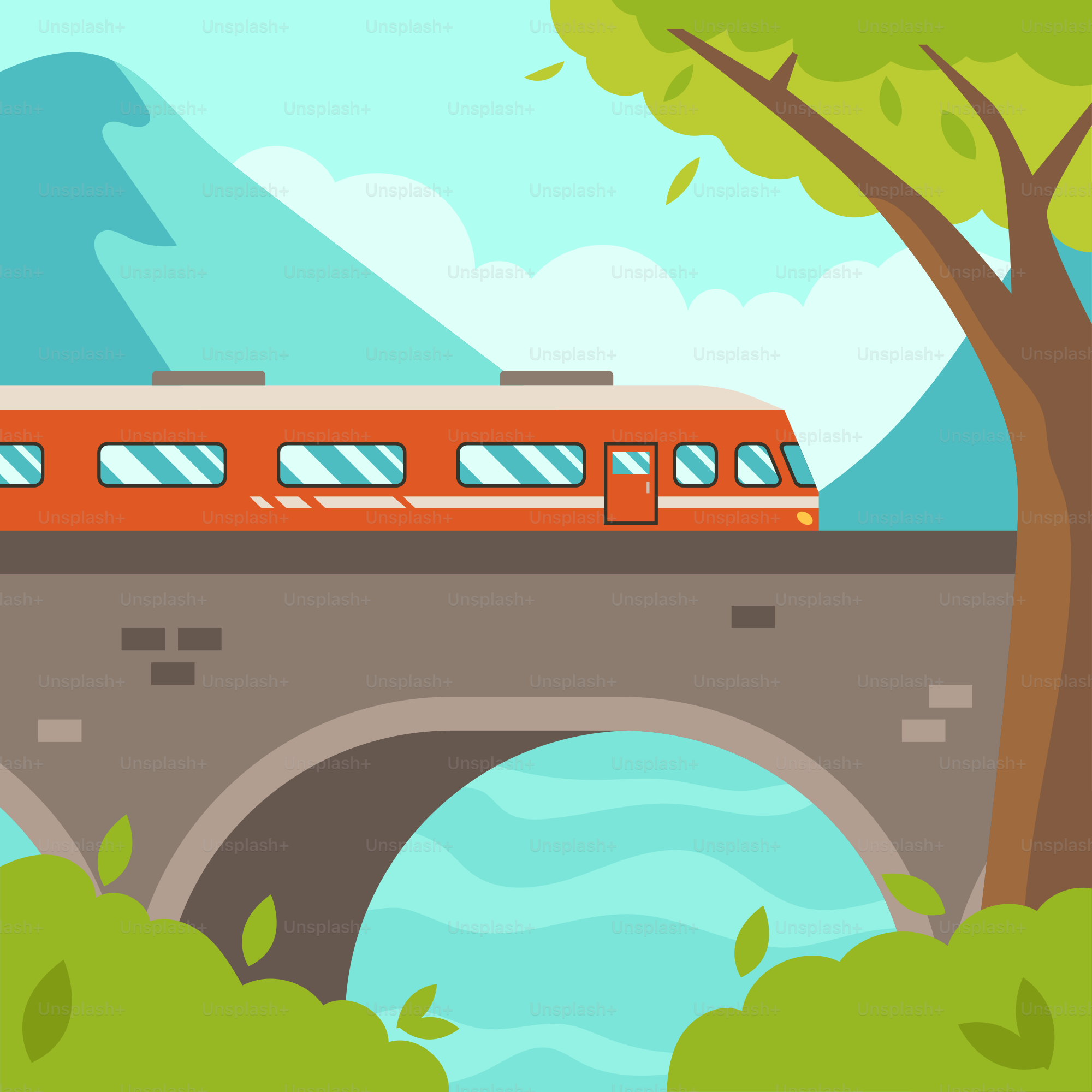A red train traveling over a bridge over a river