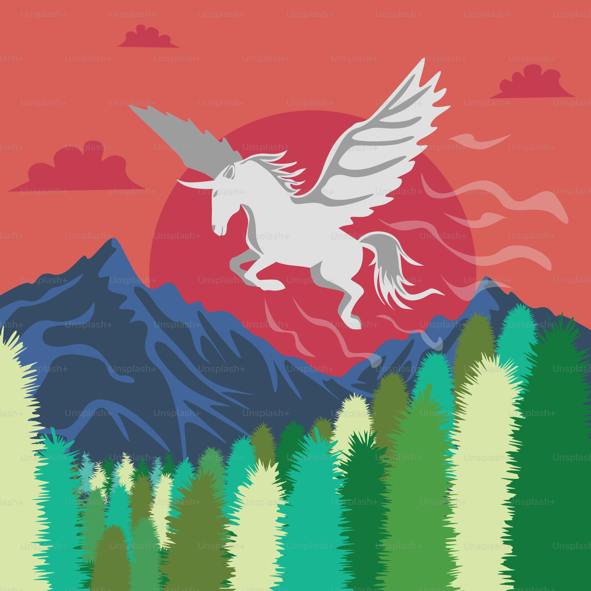 Gambar unicorn terbang di atas hutan