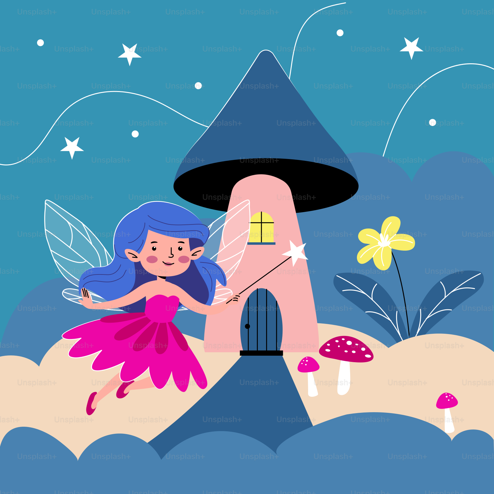 A cartoon fairy flying over a mushroom house