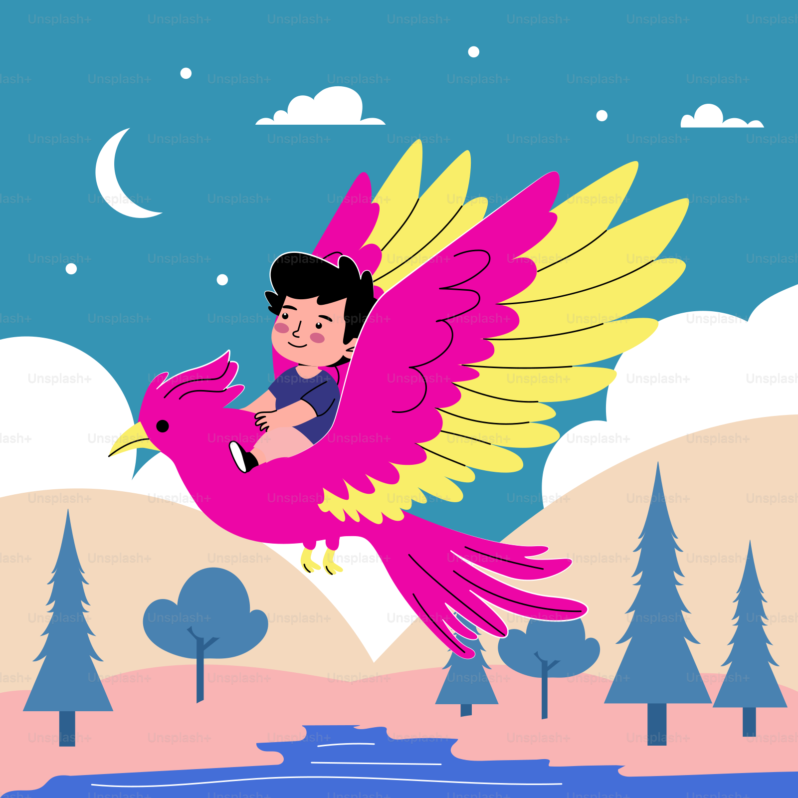 A man flying through the air on top of a pink bird