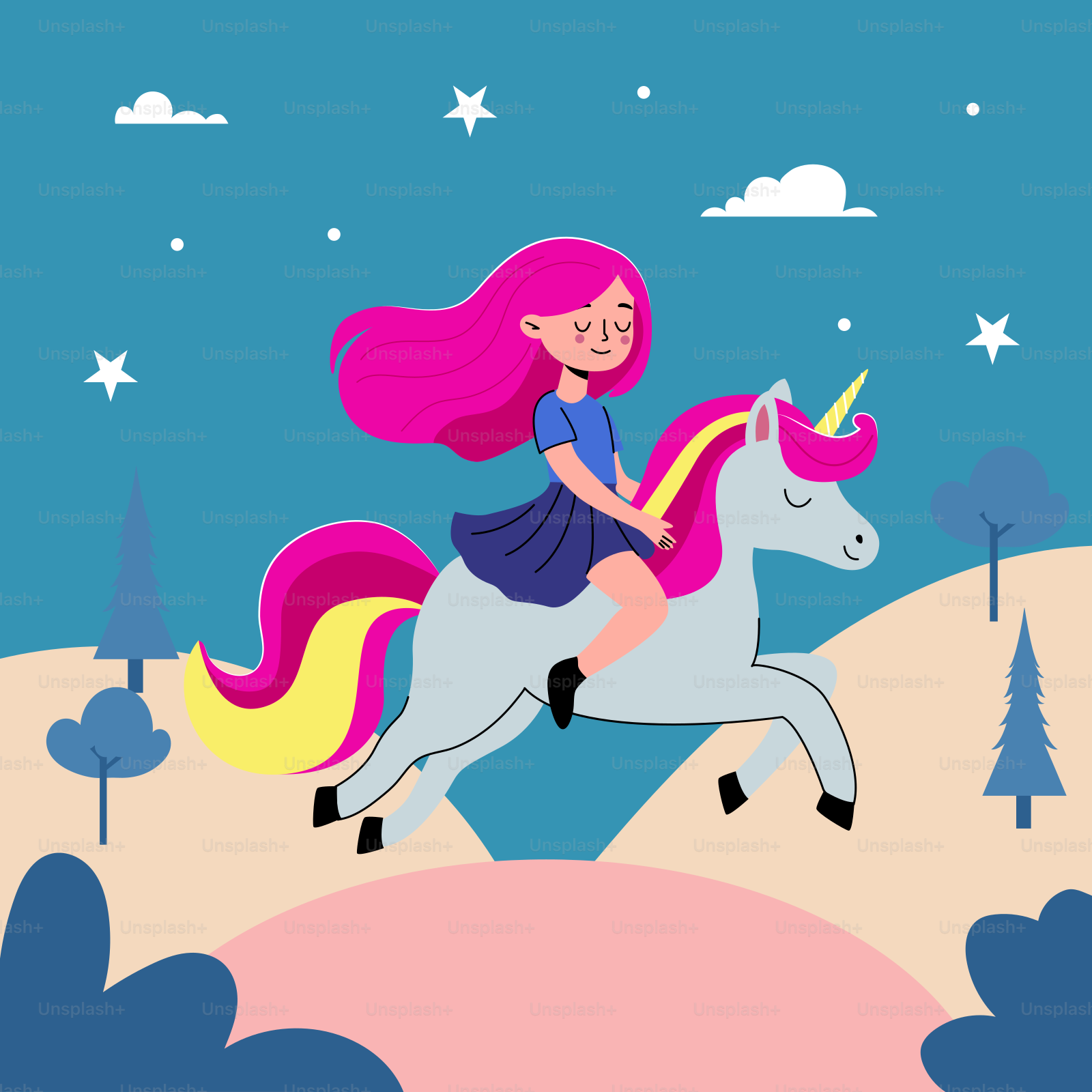 A girl riding a unicorn in the middle of a field