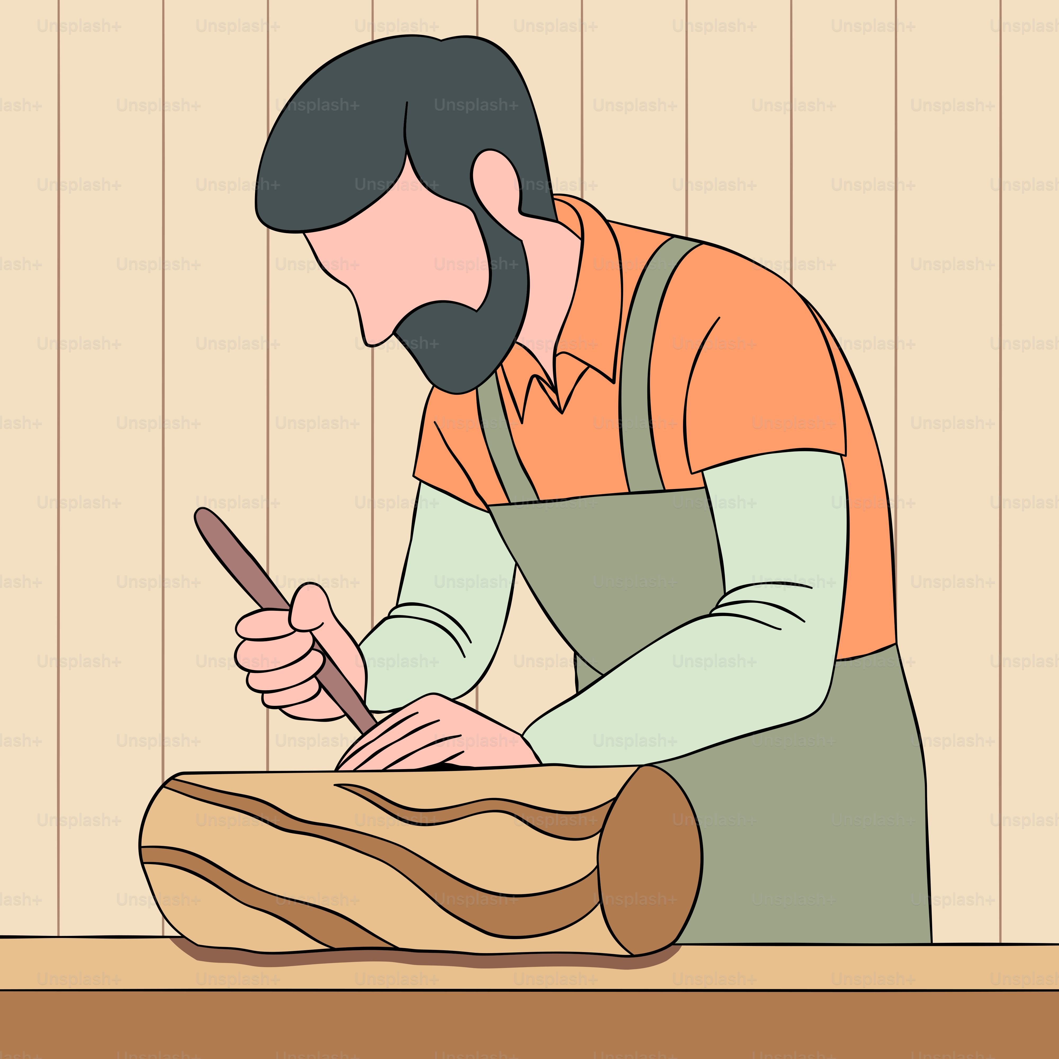 Un homme en tablier coupant un morceau de bois