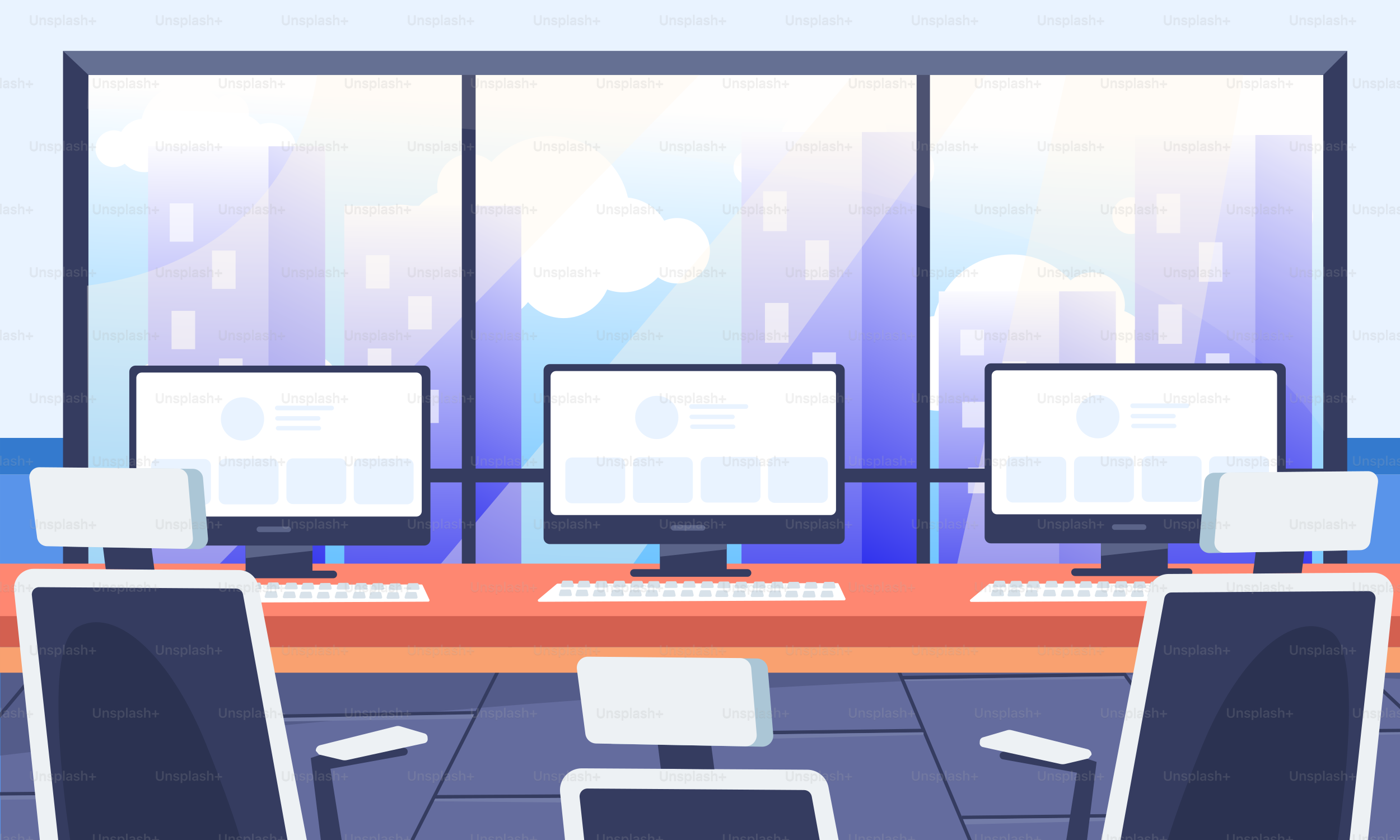 Ein Computerraum mit mehreren Monitoren und Tastaturen