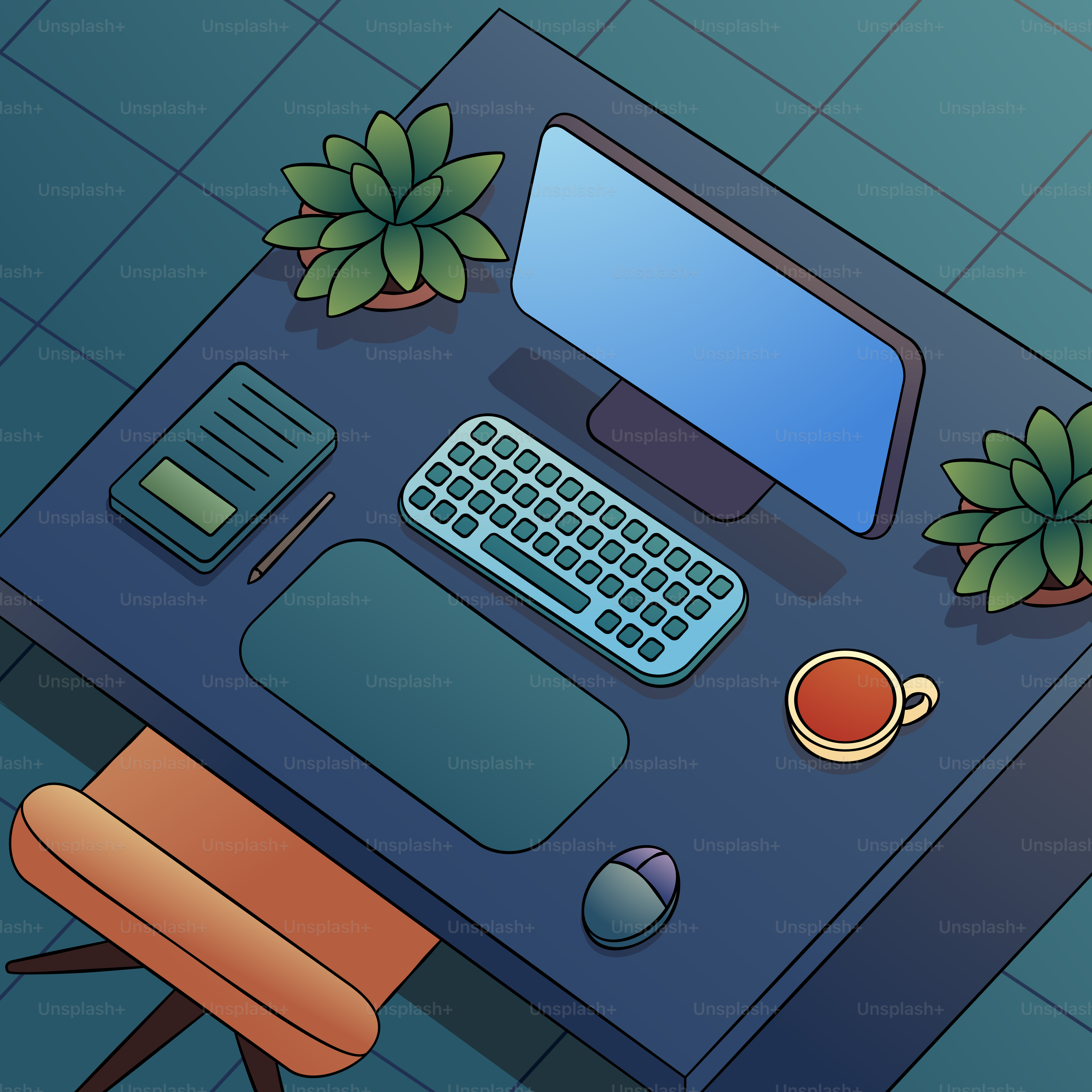 A computer desk with a keyboard and mouse