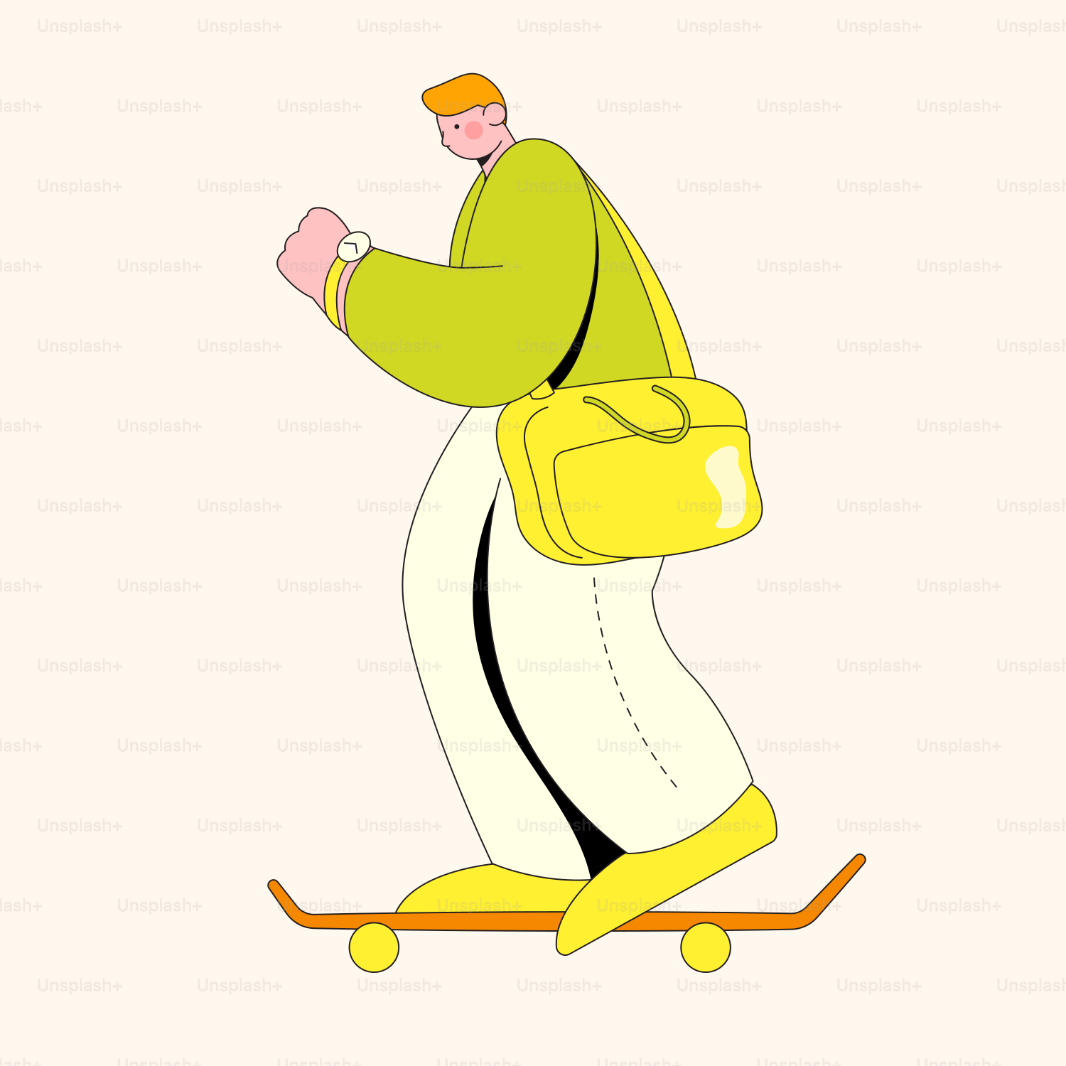 A man riding a skateboard with a yellow backpack