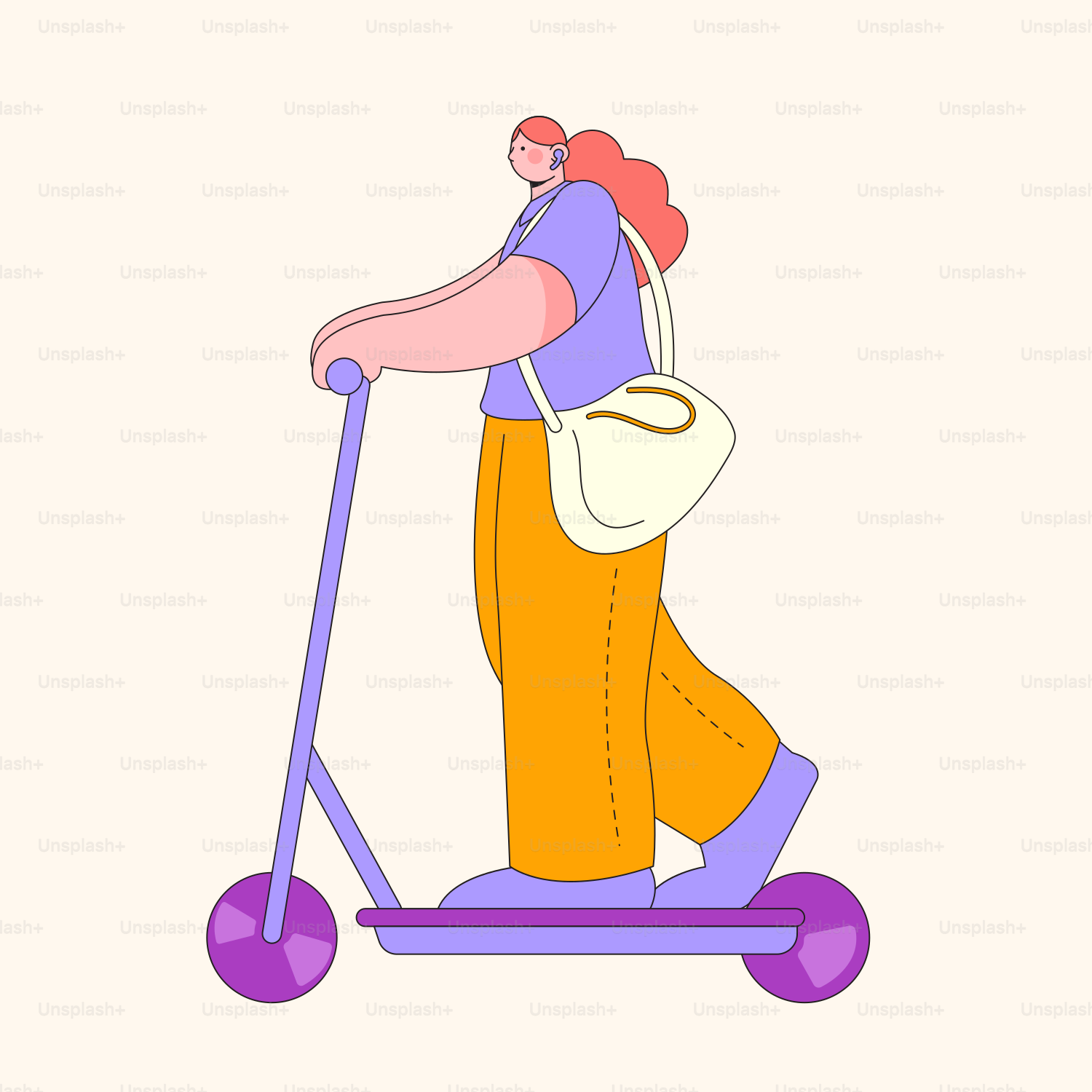 A woman riding a scooter with a handbag on it