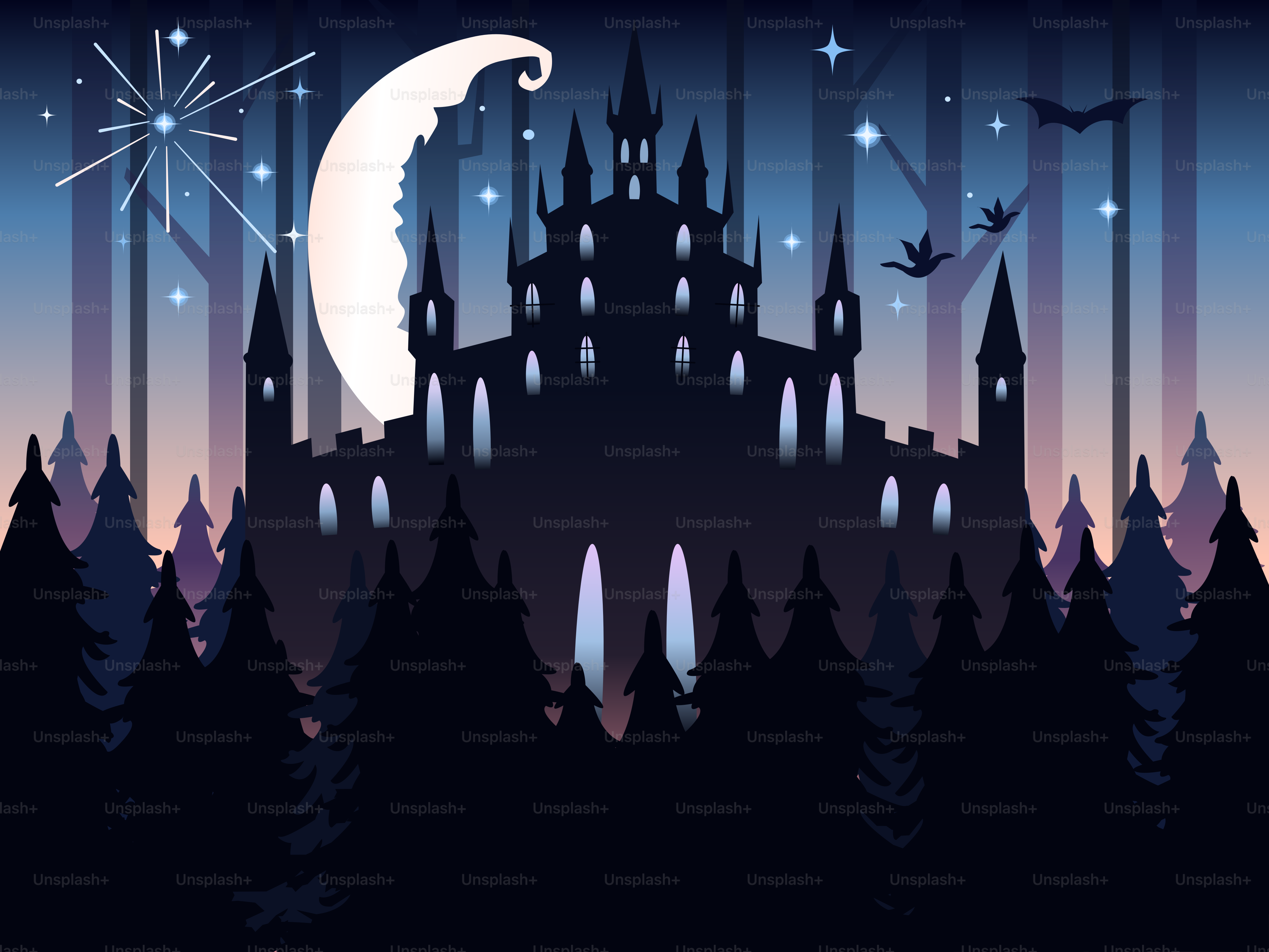 A night scene with a castle and trees