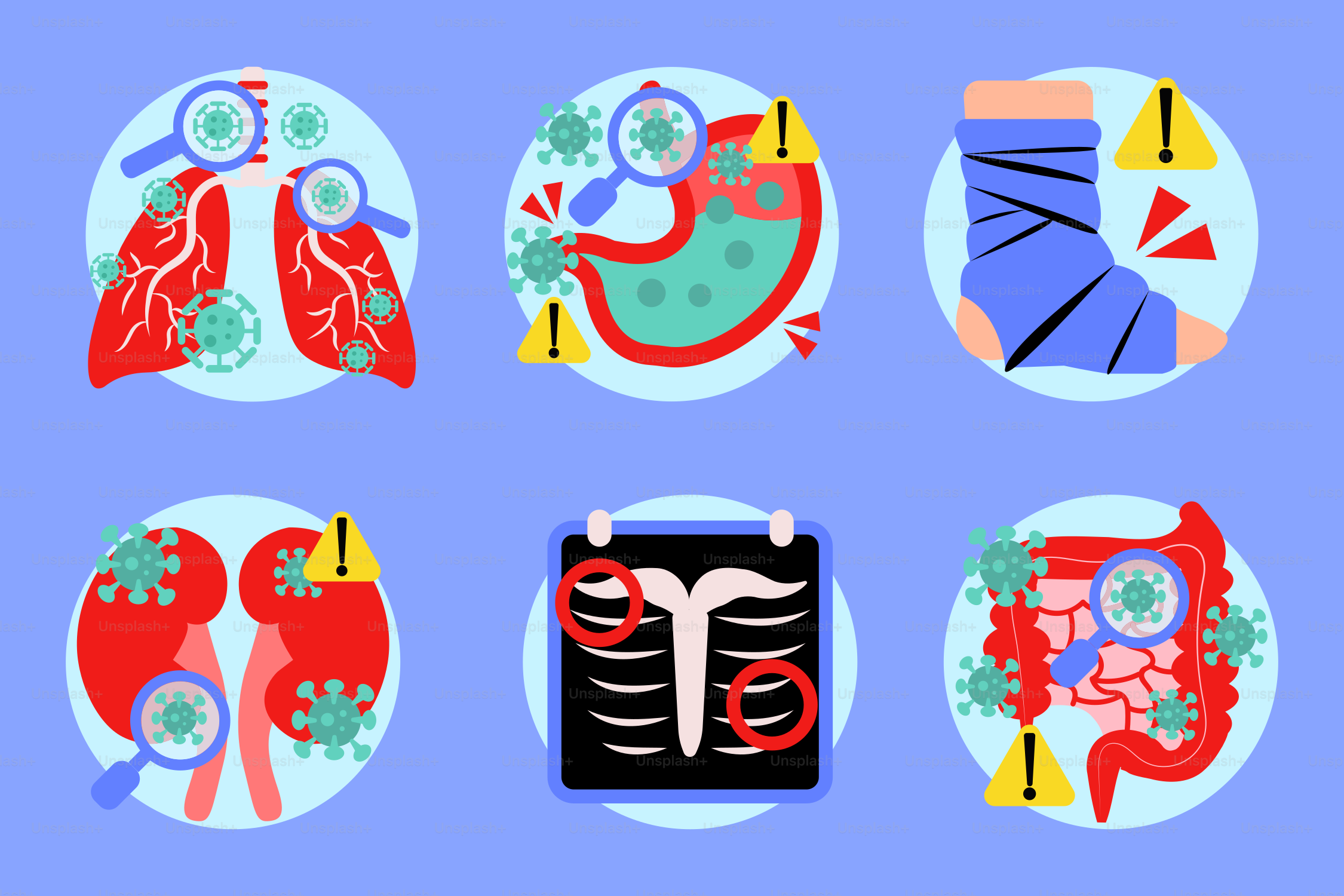 A set of medical icons with a blue background