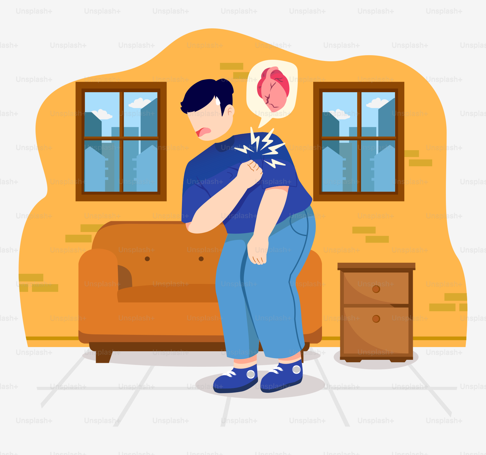 A man standing in front of a couch in a living room